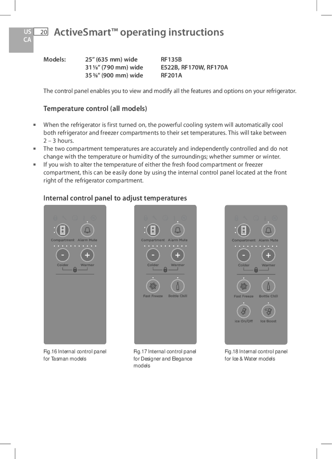 Fisher & Paykel US 20 ActiveSmart operating instructions, Temperature control all models, 35 3/8 900 mm wide RF201A 