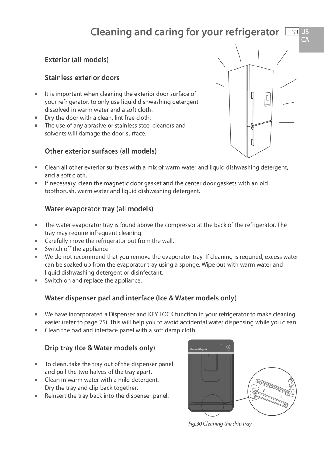 Fisher & Paykel RF170W, RF170A, RF201A, E522B, RF135B installation instructions Cleaning and caring for your refrigerator 