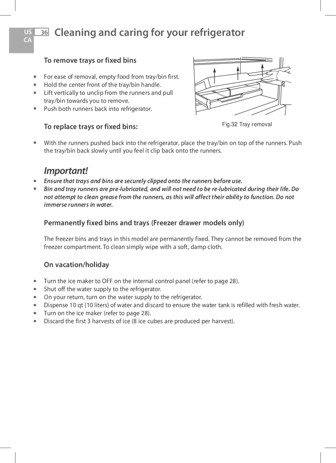 Fisher & Paykel E522B, RF170W To remove trays or fixed bins, Permanently fixed bins and trays Freezer drawer models only 