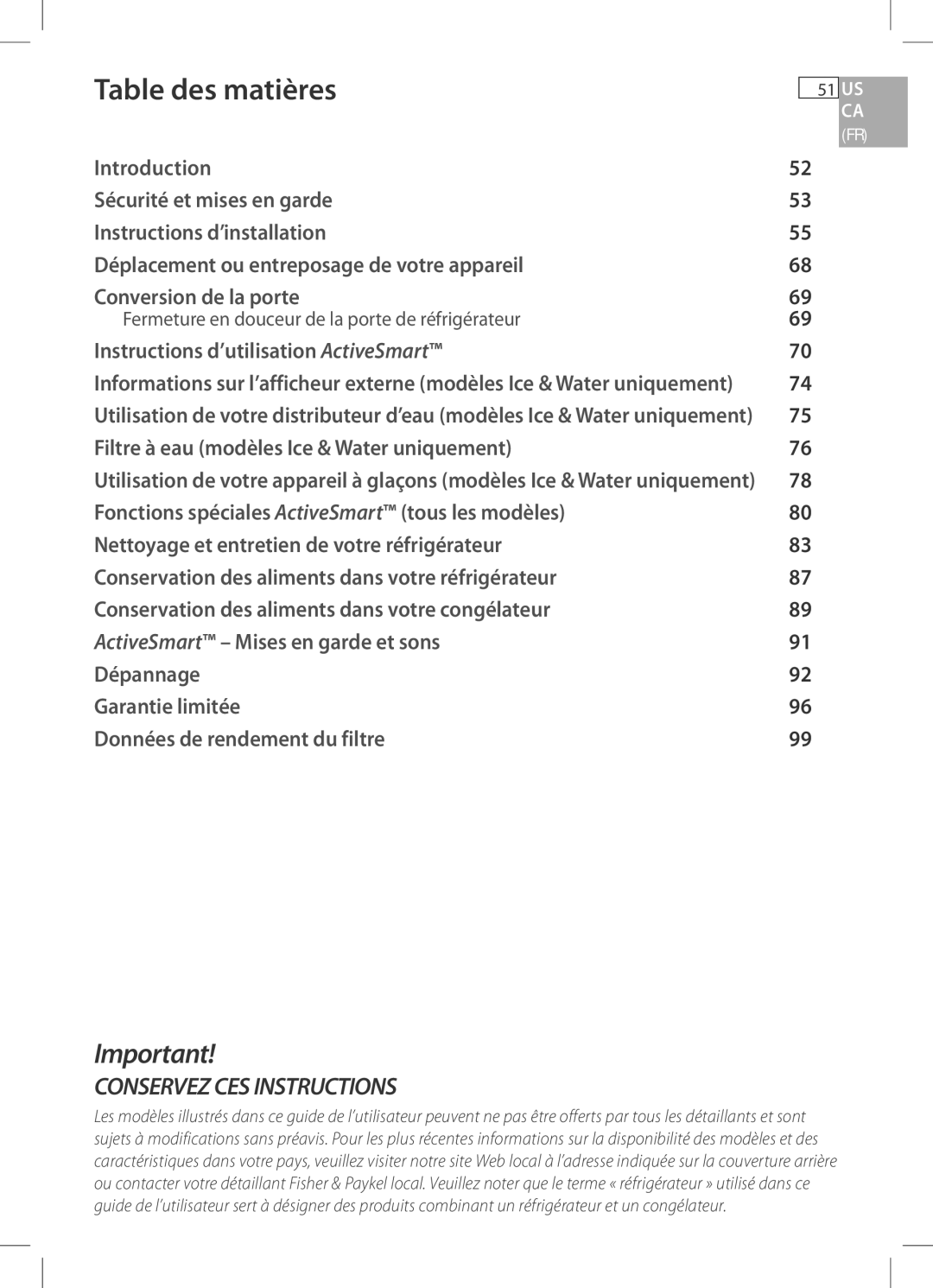 Fisher & Paykel E522B, RF170W, RF170A, RF201A, RF135B installation instructions Table des matières 