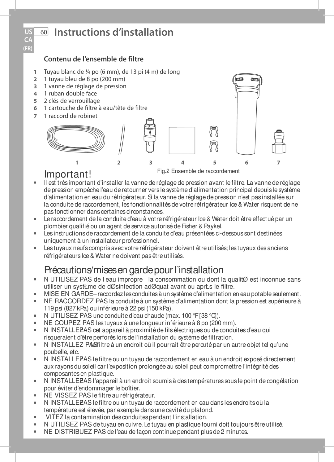 Fisher & Paykel RF201A, RF170W, RF170A Précautions/mises en garde pour l’installation, Contenu de l’ensemble de filtre 