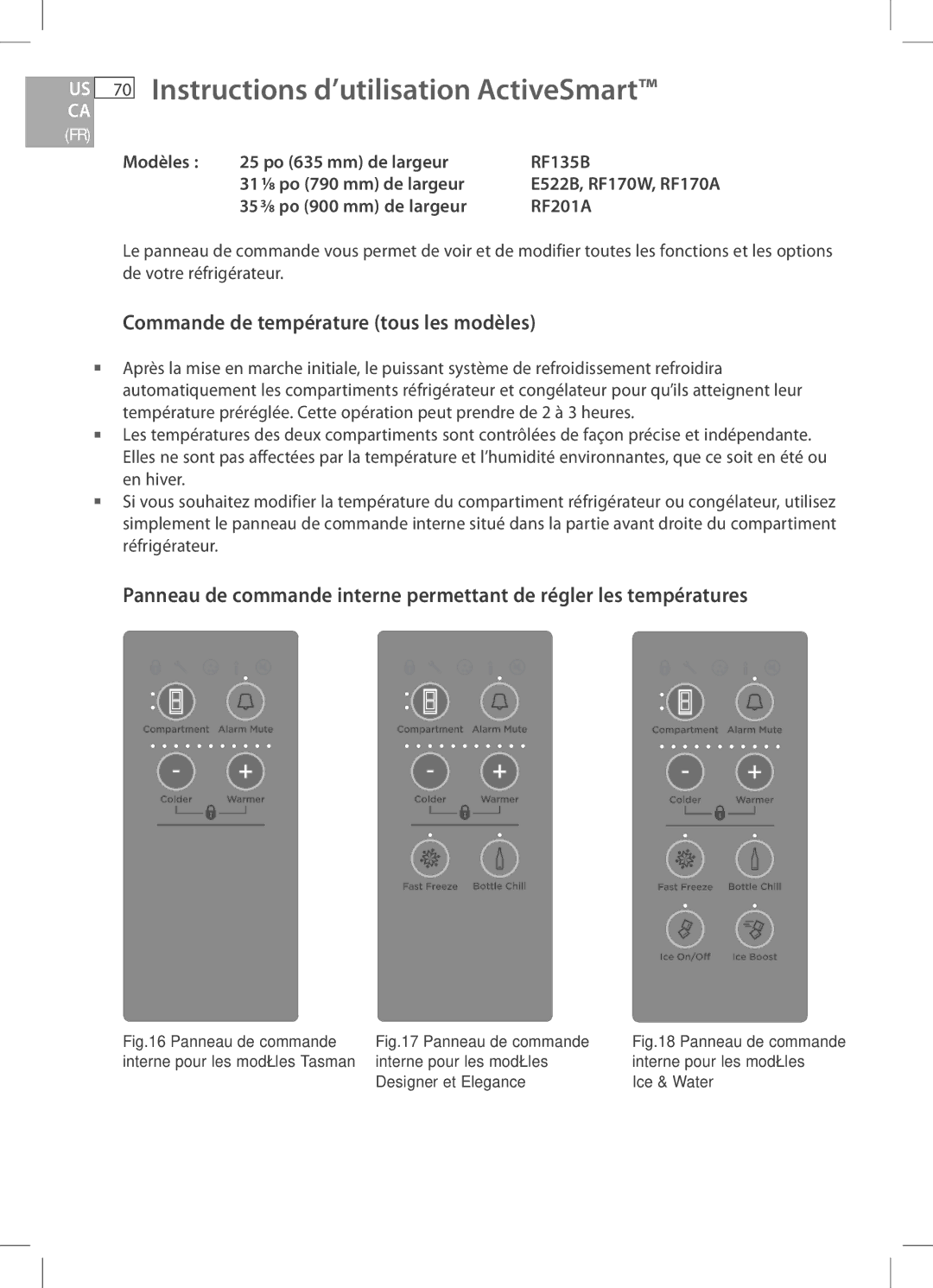 Fisher & Paykel RF201A, RF170W US 70 Instructions d’utilisation ActiveSmart, Commande de température tous les modèles 