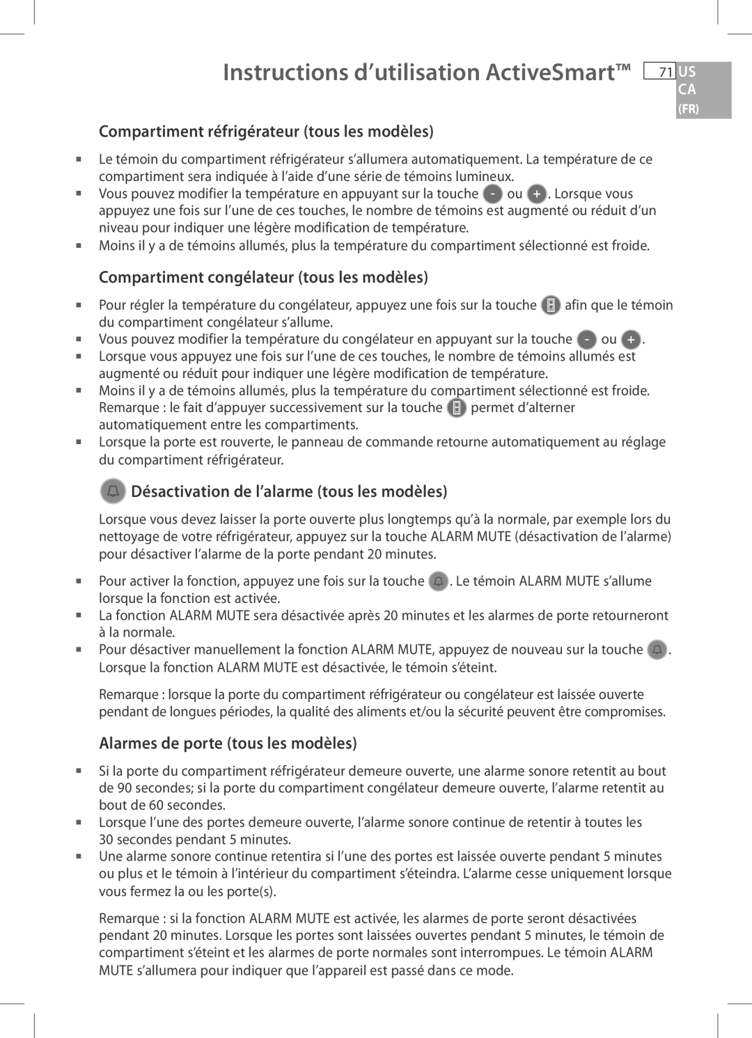 Fisher & Paykel E522B, RF170W, RF170A Instructions d’utilisation ActiveSmart, Compartiment réfrigérateur tous les modèles 