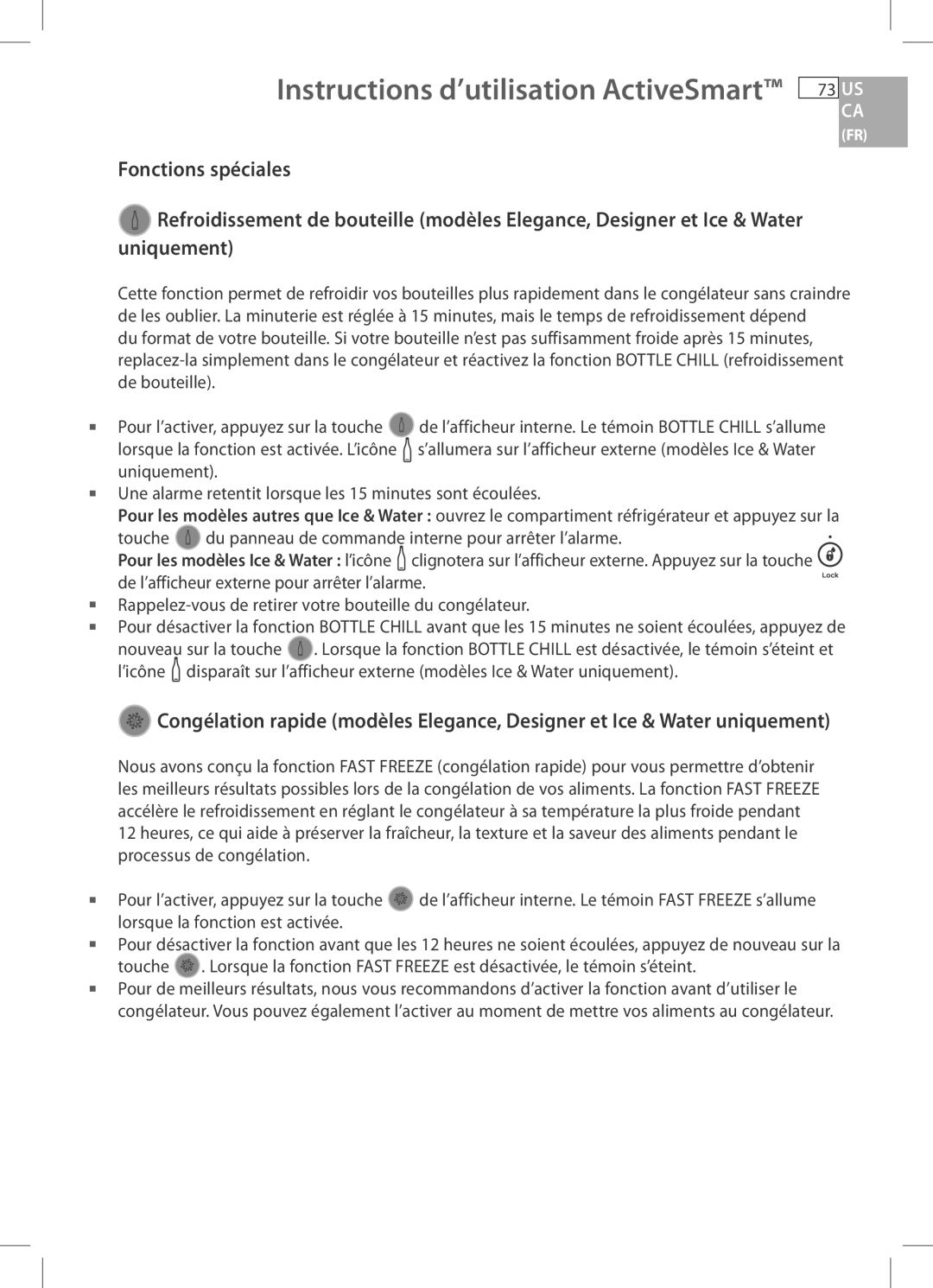 Fisher & Paykel RF170W, RF170A, RF201A, E522B, RF135B installation instructions Fonctions spéciales, Uniquement 