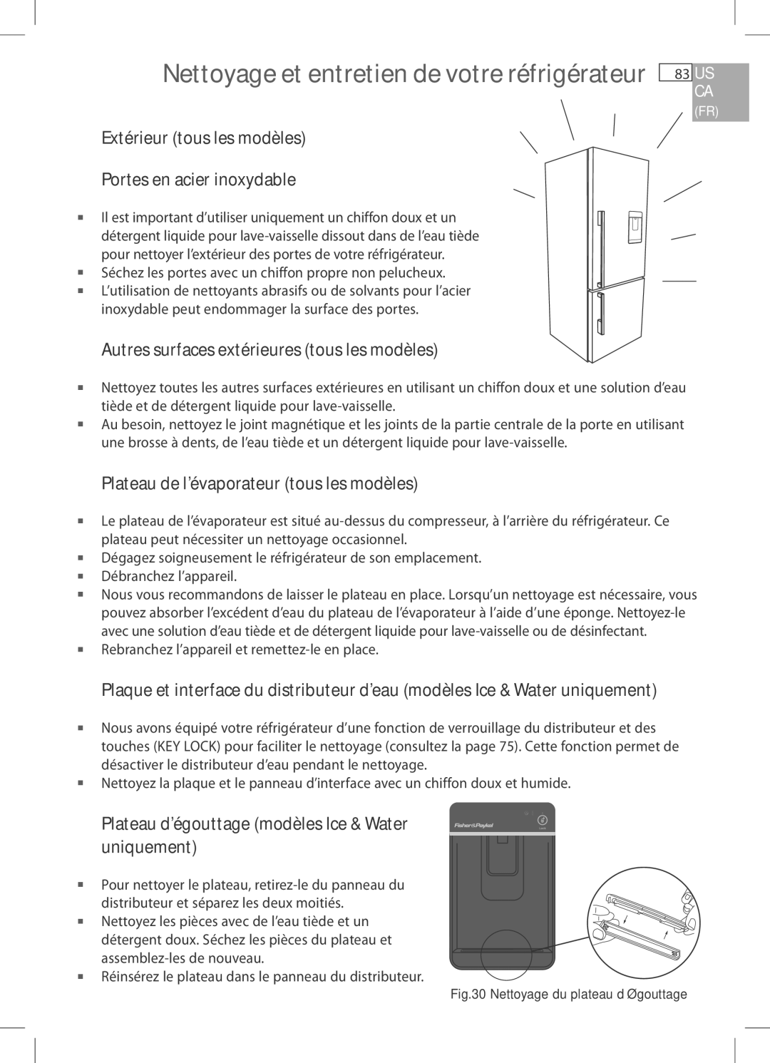 Fisher & Paykel RF170W, RF170A Nettoyage et entretien de votre réfrigérateur, Autres surfaces extérieures tous les modèles 