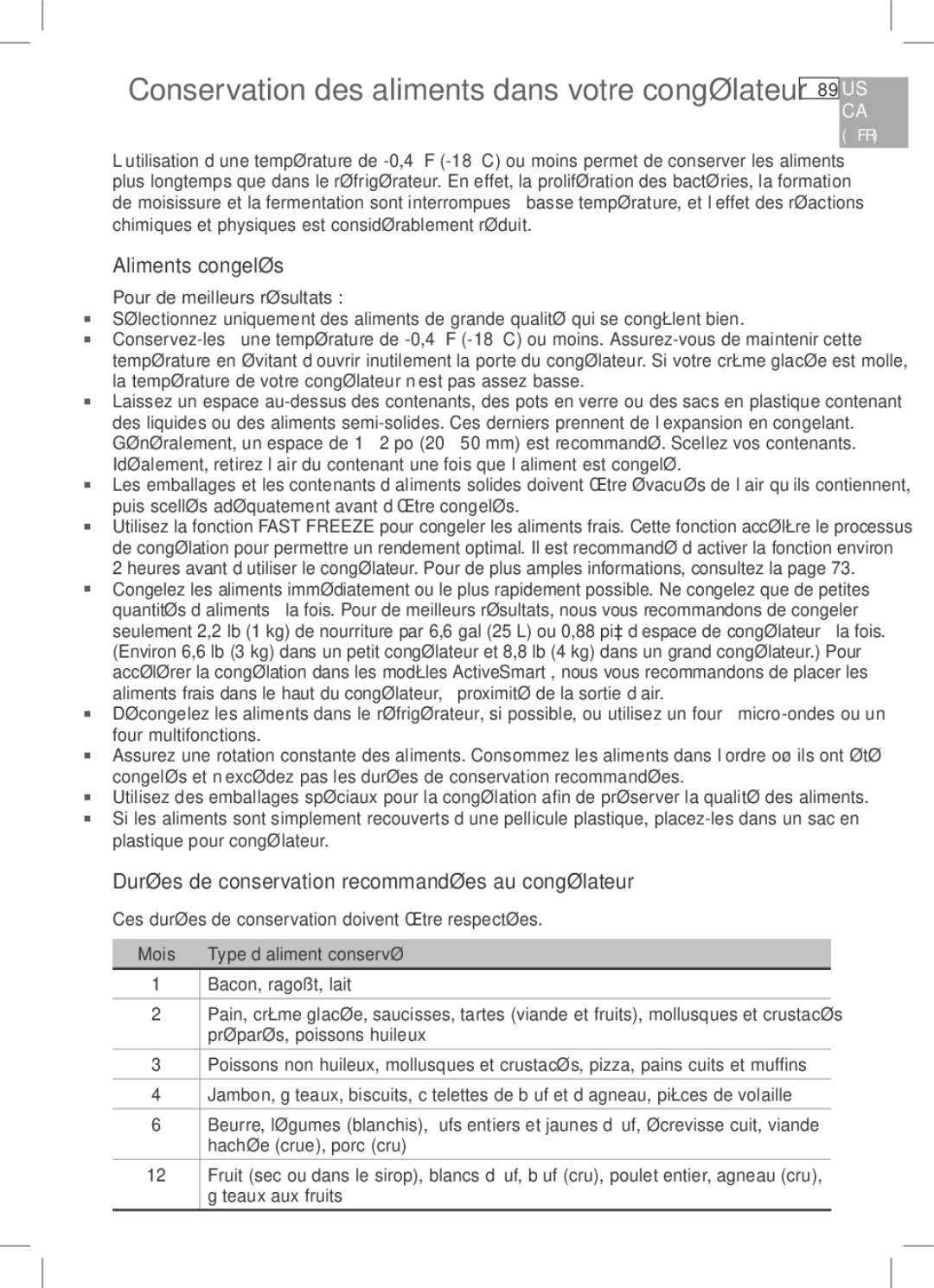 Fisher & Paykel RF170A Aliments congelés, Durées de conservation recommandées au congélateur, Pour de meilleurs résultats 