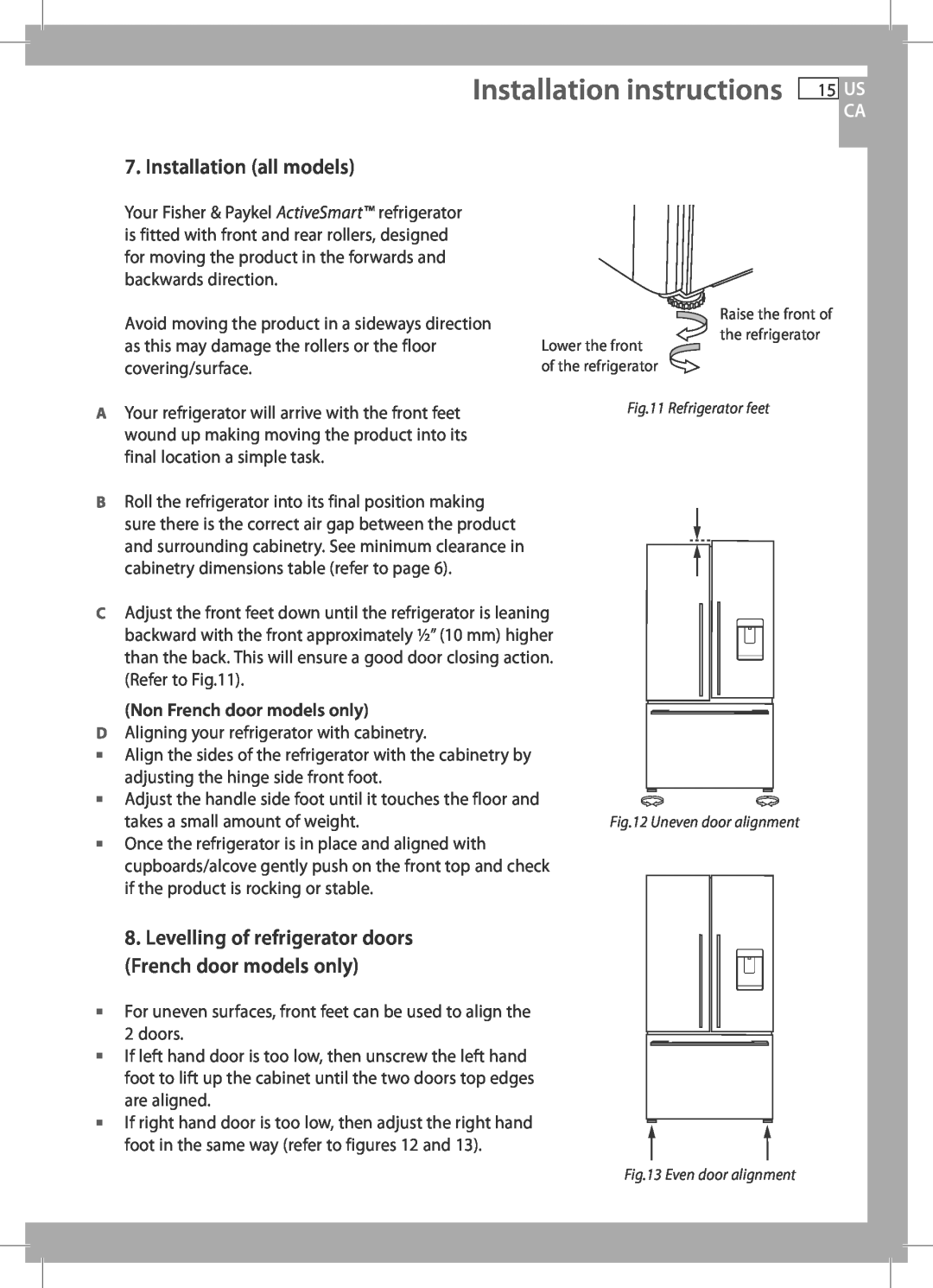 Fisher & Paykel RF201A, RF170W Installation instructions, Installation all models, 15US CA, Non French door models only 