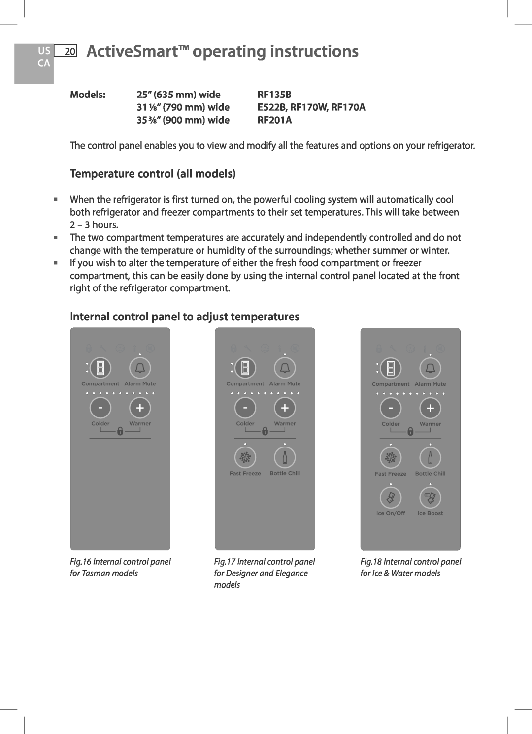 Fisher & Paykel RF201A US 20 ActiveSmart operating instructions, Temperature control all models, Models, 25” 635 mm wide 