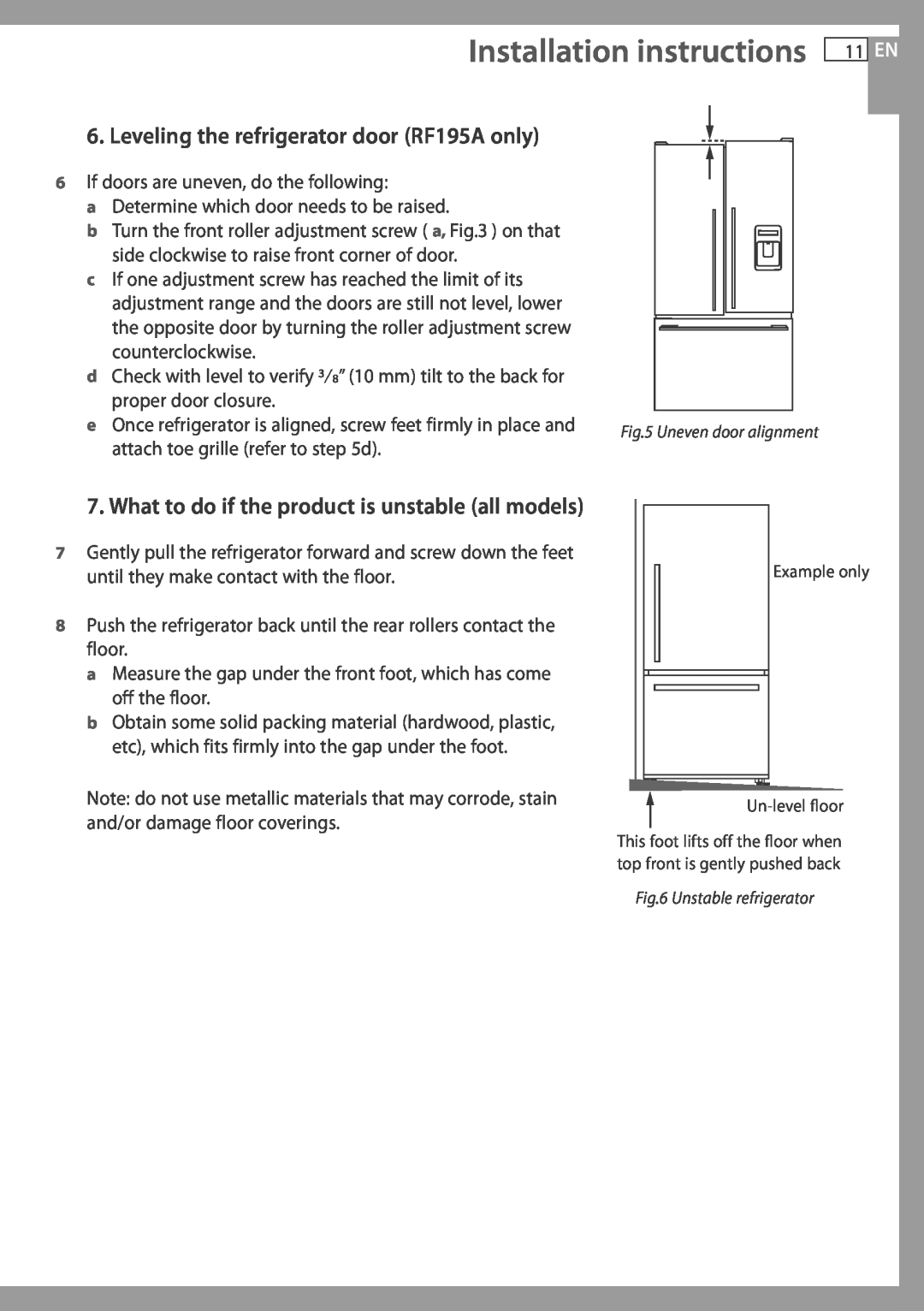 Fisher & Paykel RF175W Installation instructions 11 EN, Leveling the refrigerator door RF195A only 