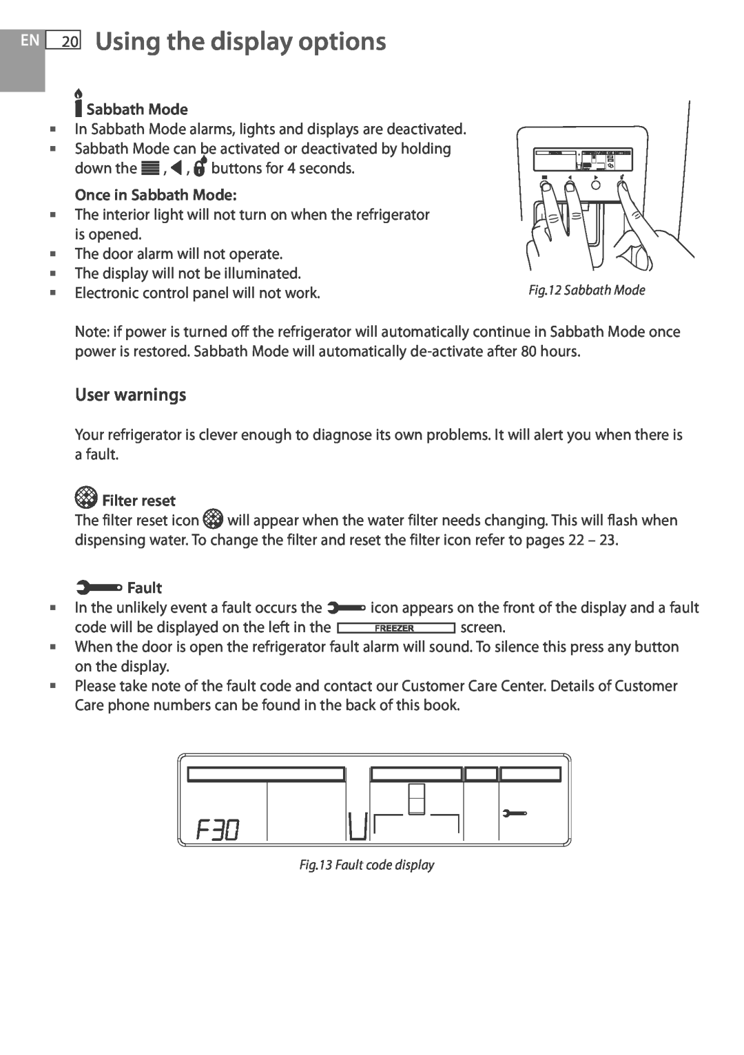 Fisher & Paykel RF175W, RF195A installation instructions 20Using the display options, User warnings 