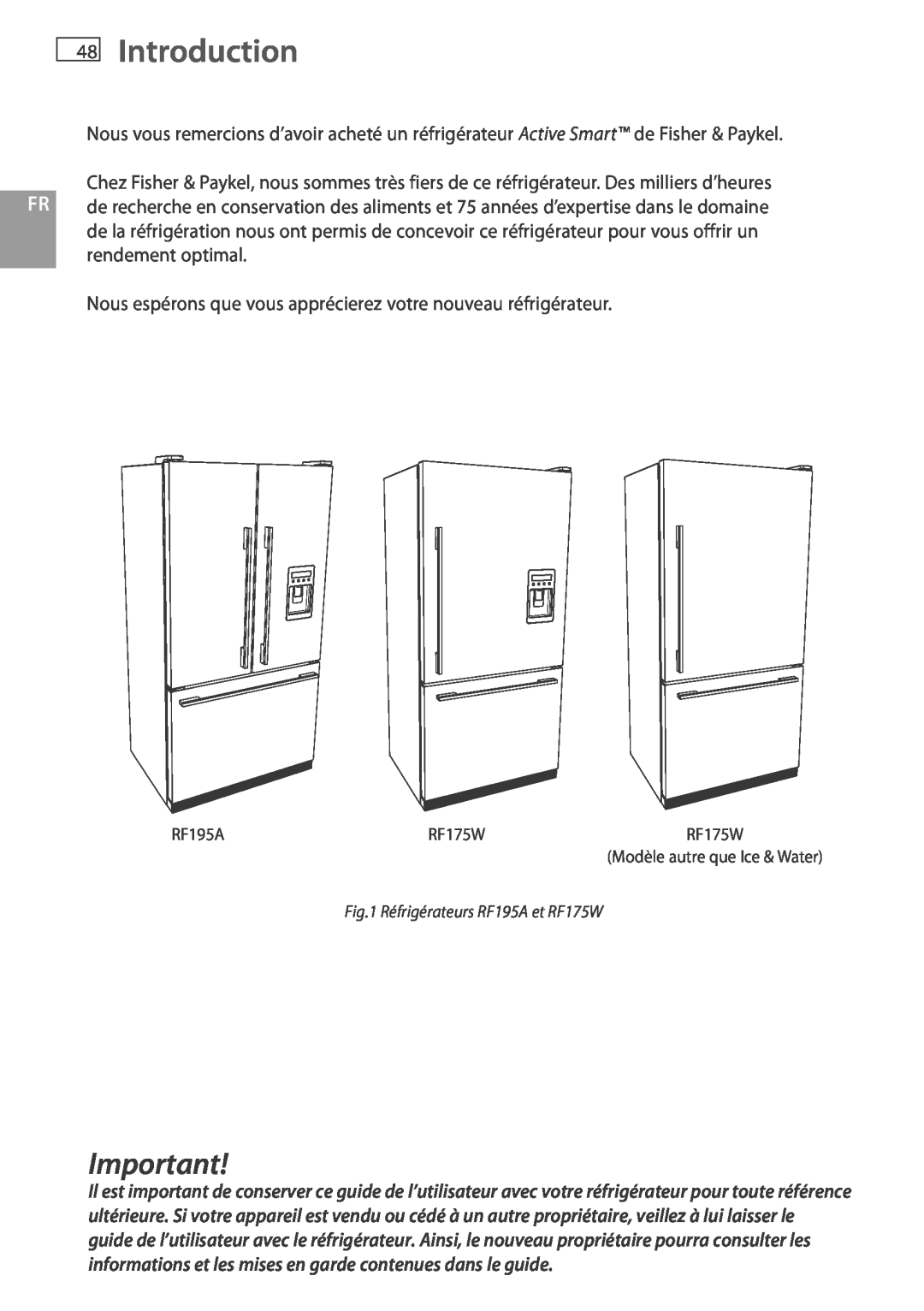 Fisher & Paykel installation instructions 48Introduction, Réfrigérateurs RF195A et RF175W 
