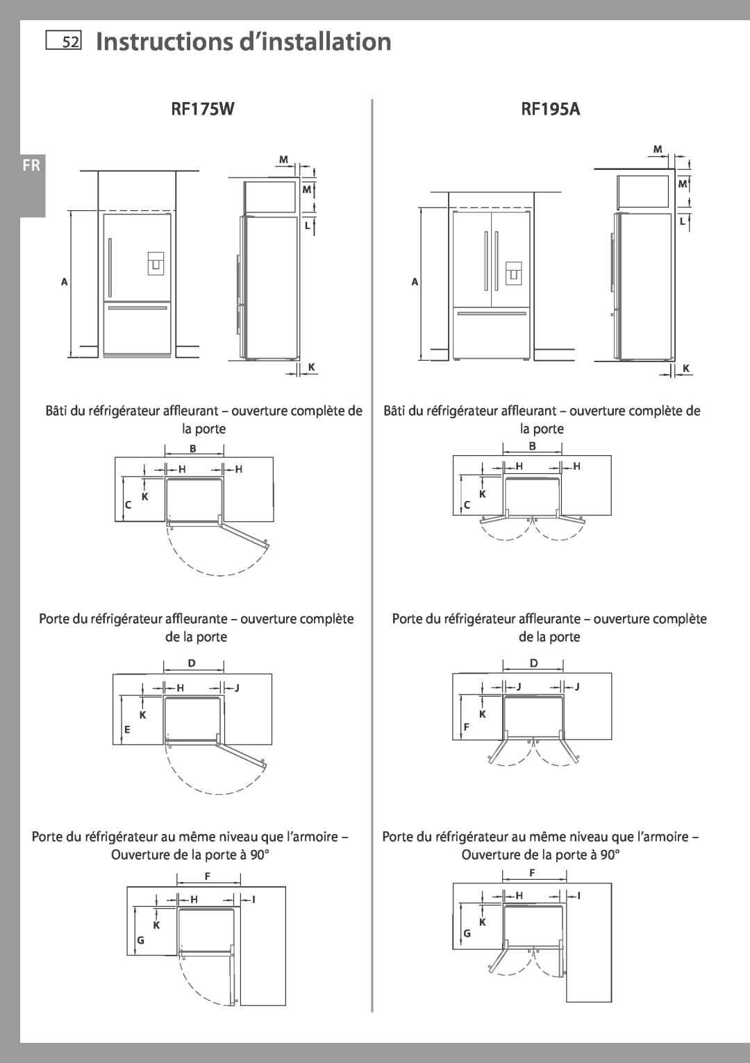 Fisher & Paykel RF175W installation instructions 52Instructions d’installation, RF195A 