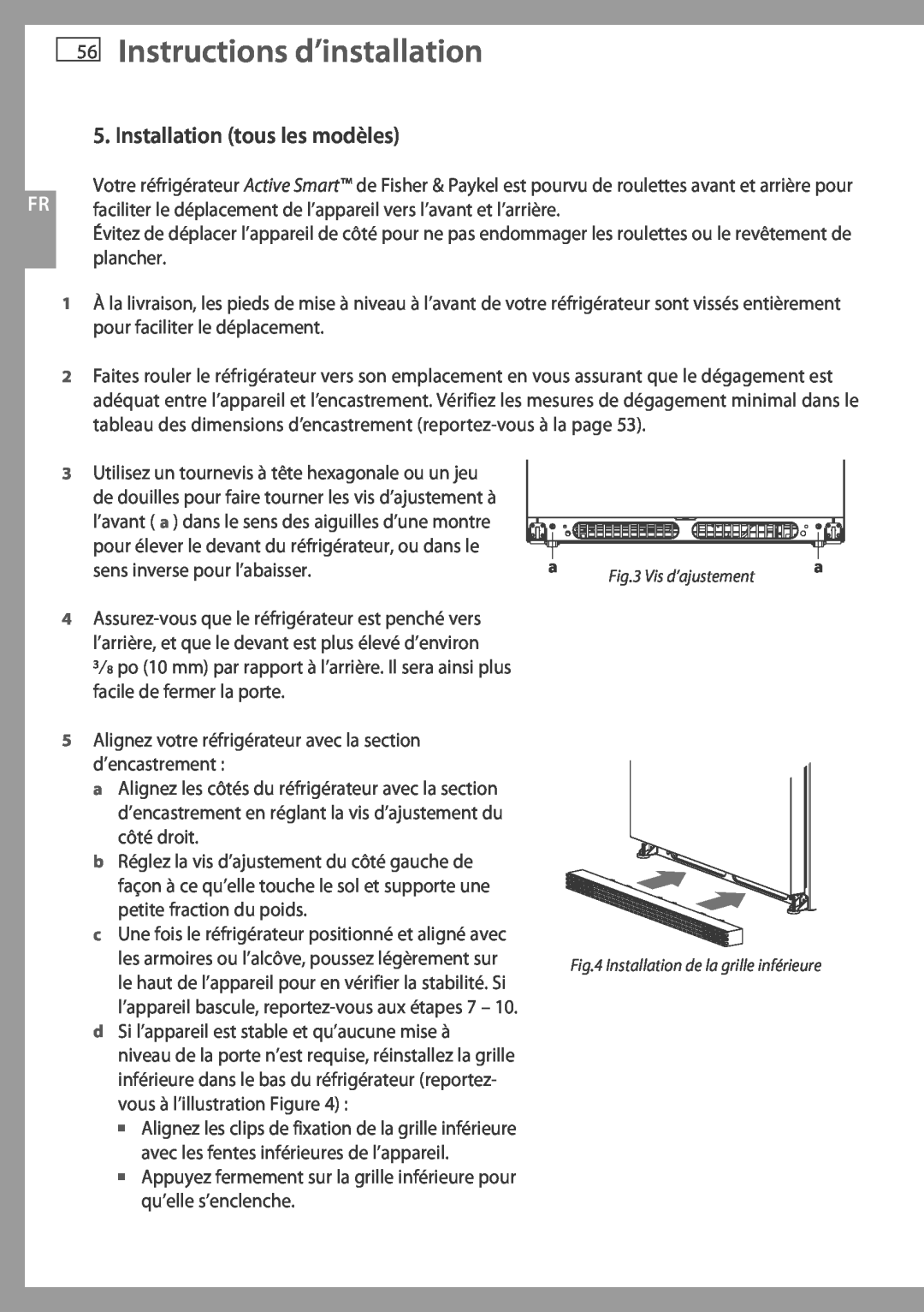 Fisher & Paykel RF175W, RF195A installation instructions 56Instructions d’installation, Installation tous les modèles 