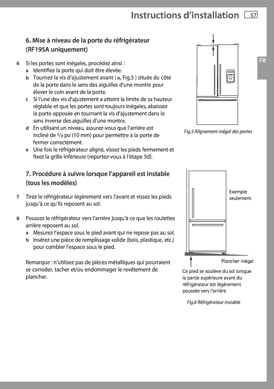 Fisher & Paykel RF195A, RF175W Instructions d’installation, Si les portes sont inégales, procédez ainsi 