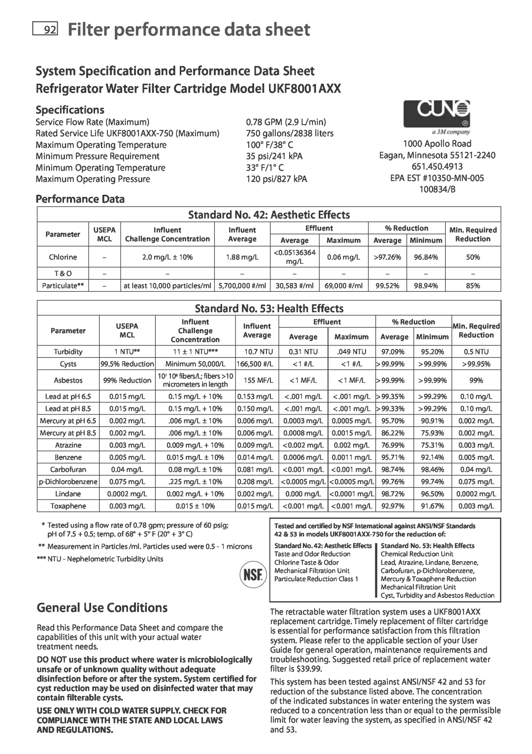 Fisher & Paykel RF175W 92Filter performance data sheet, System Specification and Performance Data Sheet, GPM 2.9 L/min 