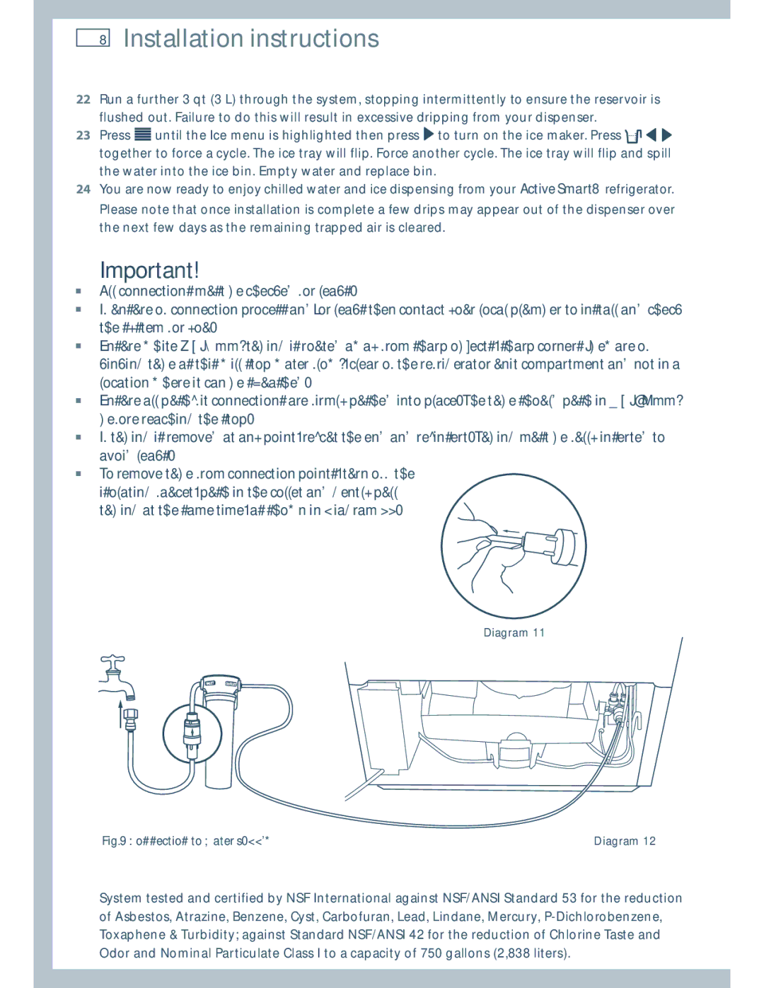 Fisher & Paykel RF201A, E522B installation instructions Connection to water supply 