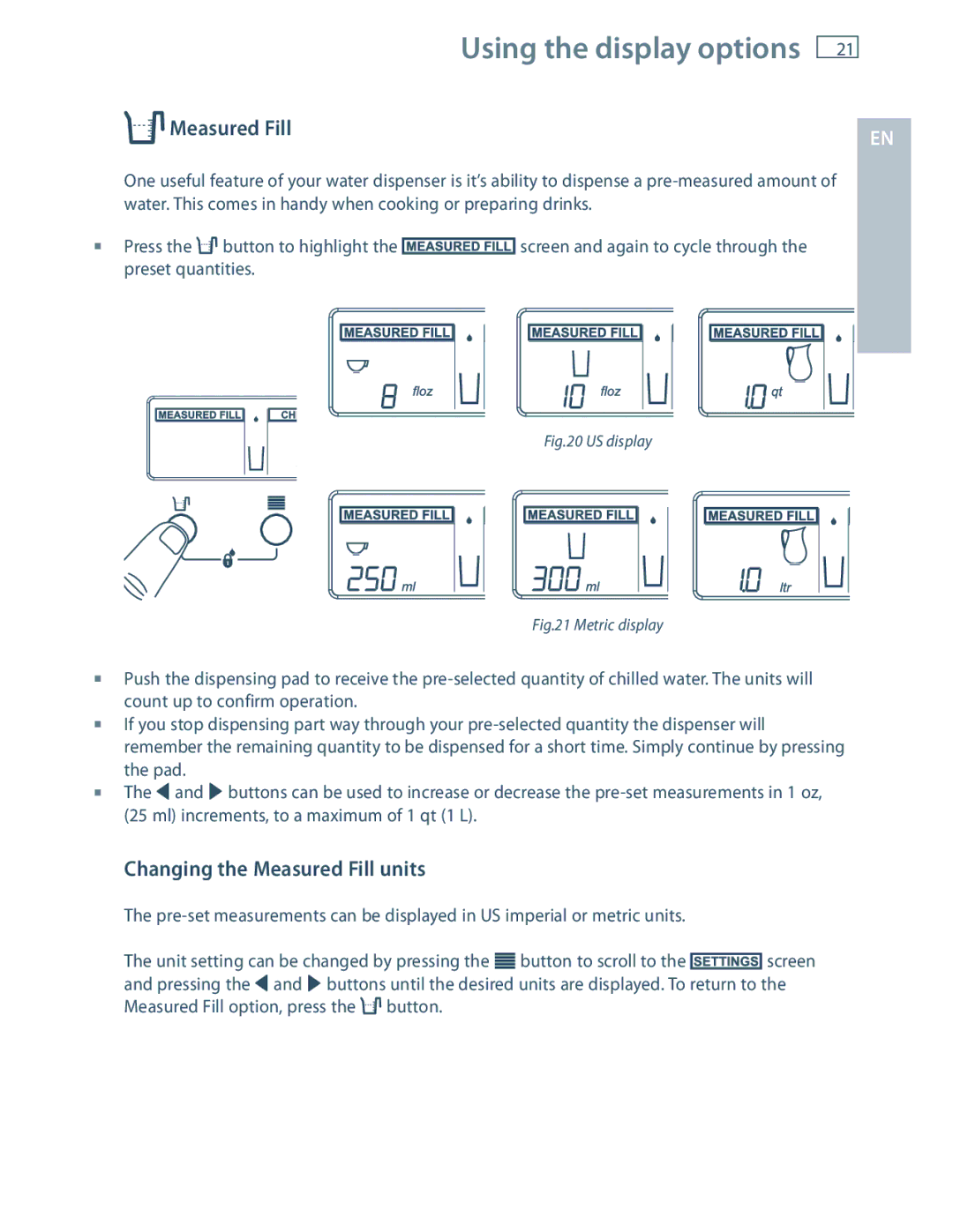 Fisher & Paykel E522B, RF201A installation instructions Changing the Measured Fill units 