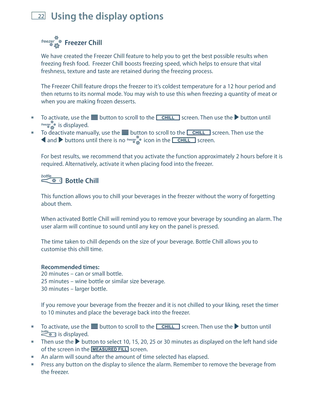 Fisher & Paykel RF201A, E522B Using the display options, Freezer Chill, Bottle Chill, Recommended times 