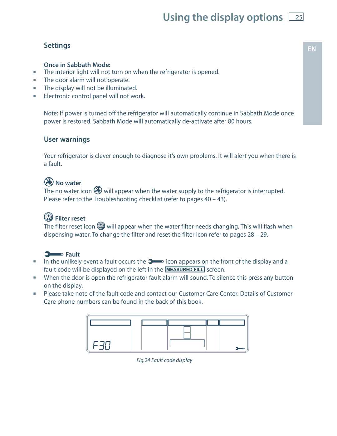 Fisher & Paykel E522B, RF201A installation instructions User warnings, Once in Sabbath Mode, No water, Filter reset, Fault 