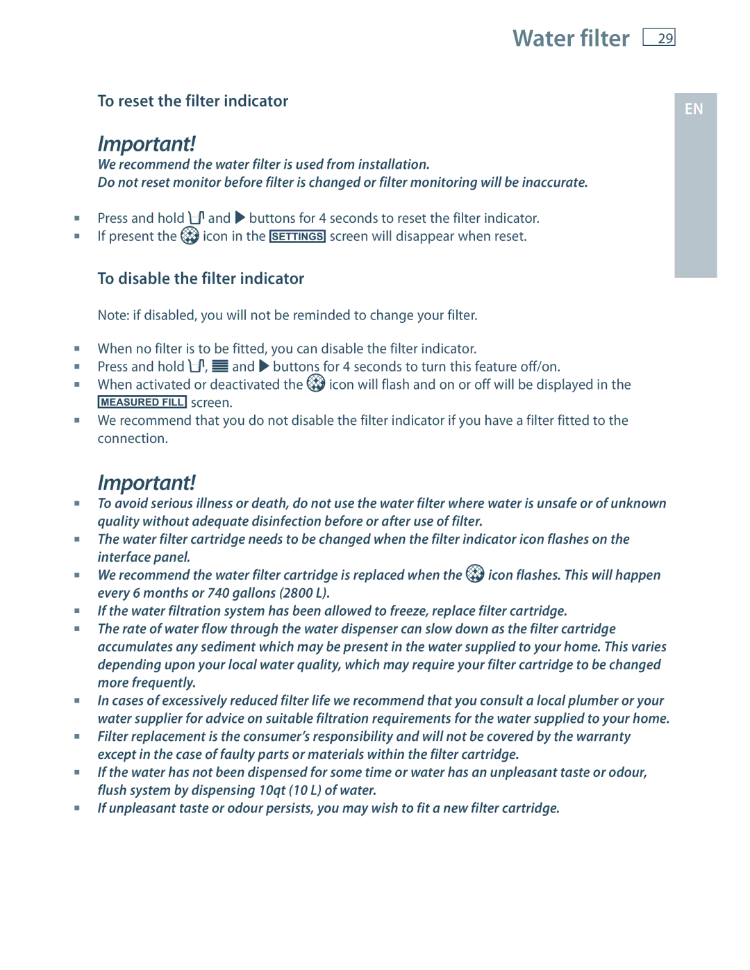 Fisher & Paykel E522B, RF201A installation instructions To reset the filter indicator, To disable the filter indicator 