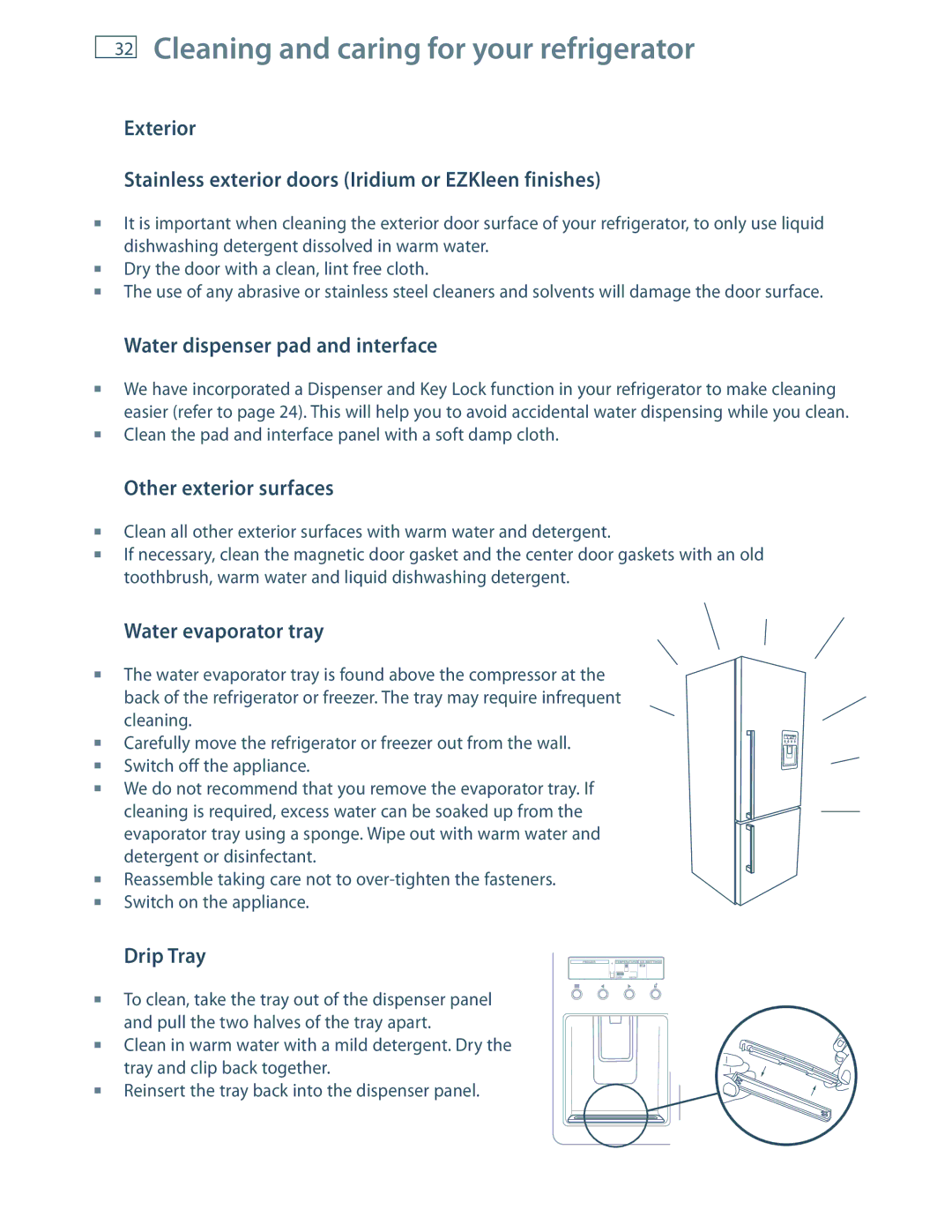 Fisher & Paykel RF201A Cleaning and caring for your refrigerator, Water dispenser pad and interface, Water evaporator tray 