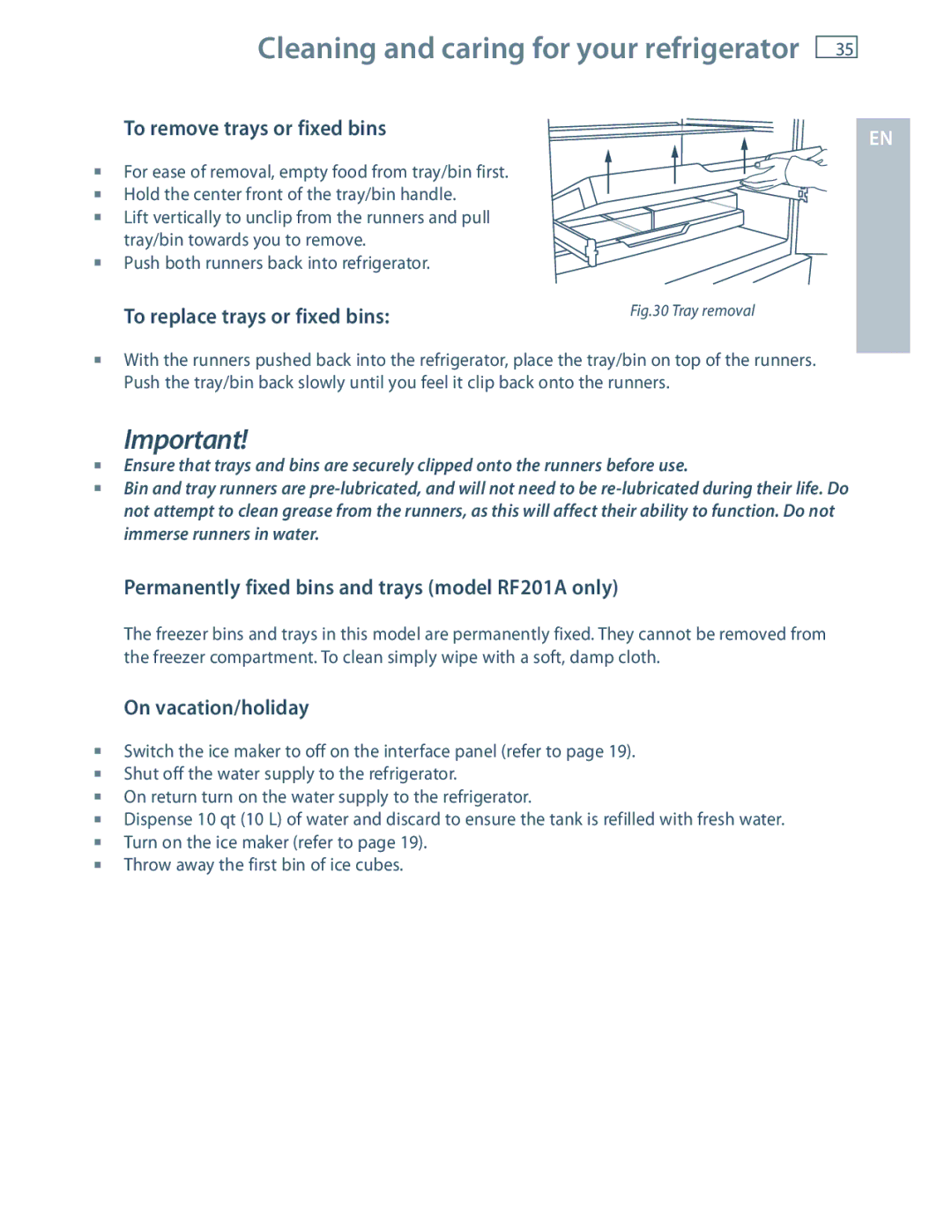 Fisher & Paykel E522B To remove trays or fixed bins, Permanently fixed bins and trays model RF201A only 