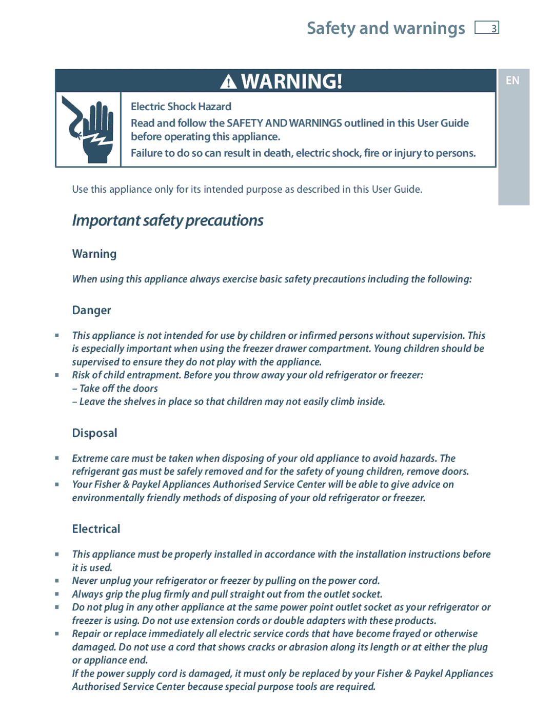 Fisher & Paykel E522B, RF201A installation instructions Safety and warnings, Disposal, Electrical 