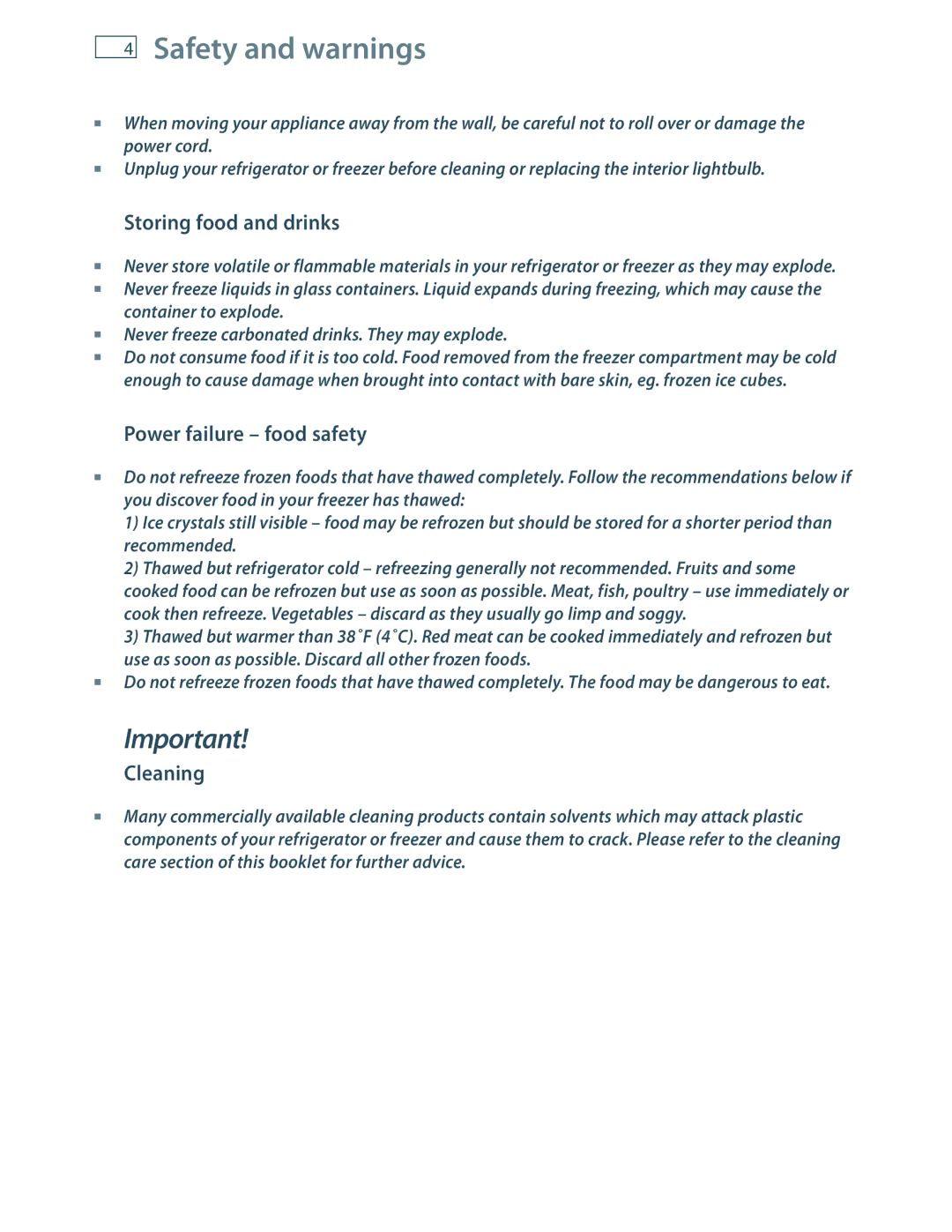 Fisher & Paykel RF201A, E522B installation instructions Storing food and drinks, Power failure food safety, Cleaning 