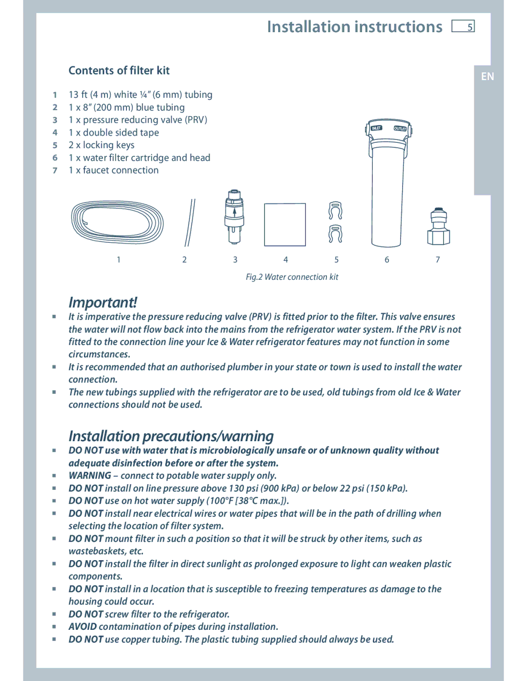 Fisher & Paykel E522B, RF201A installation instructions Installation instructions, Contents of filter kit 