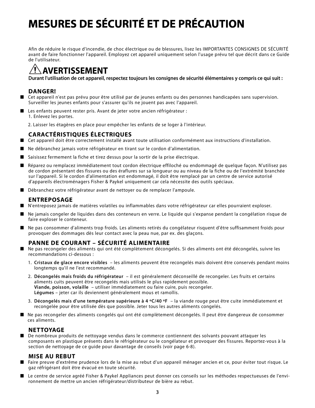 Fisher & Paykel RF24T manual Mesures De Sécurité Et De Précaution, Avertissement, Caractéristiques Électriques, Entreposage 