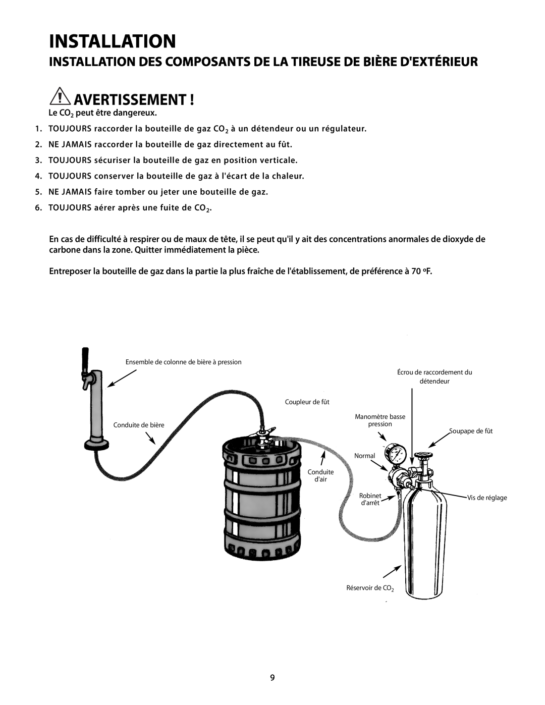 Fisher & Paykel RF24T, RF24R manual Le CO2 peut être dangereux, Installation, Avertissement 