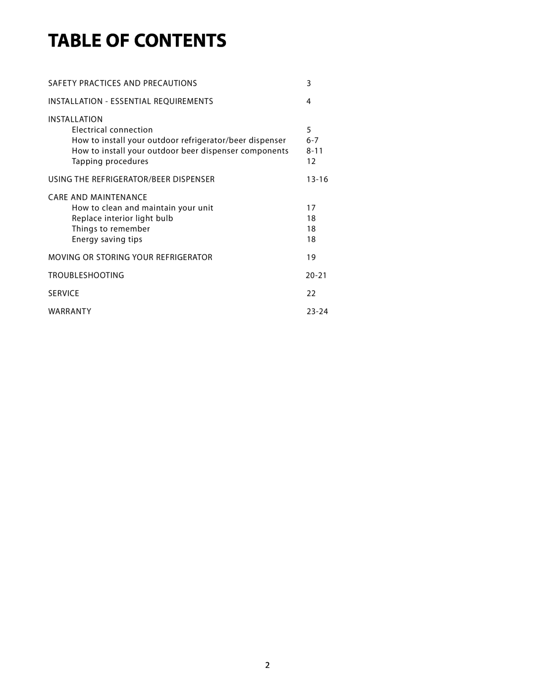 Fisher & Paykel RF24T, RF24R manual Table Of Contents 
