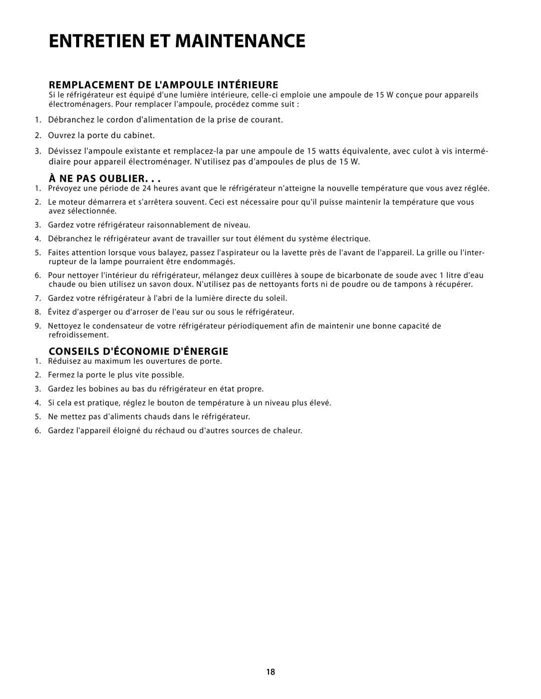 Fisher & Paykel RF24R, RF24T manual Remplacement De Lampoule Intérieure, À Ne Pas Oublier, Conseils Déconomie Dénergie 