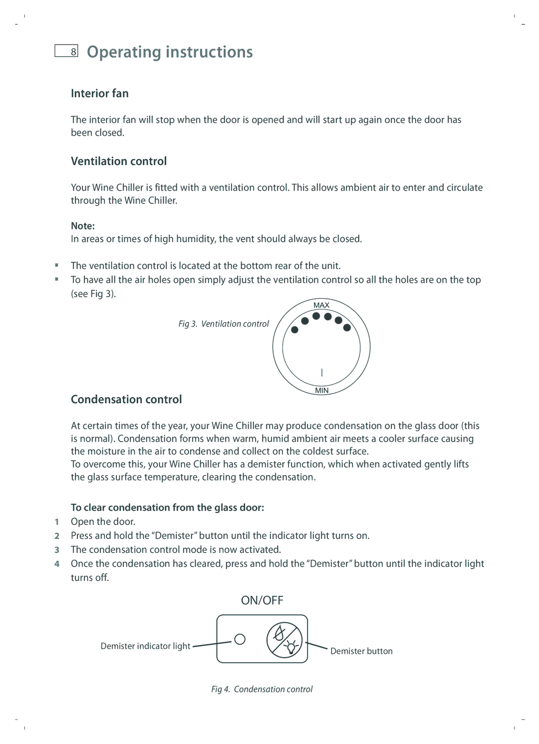 Fisher & Paykel RF51RCWX1 installation instructions Interior fan, Ventilation control, Condensation control 