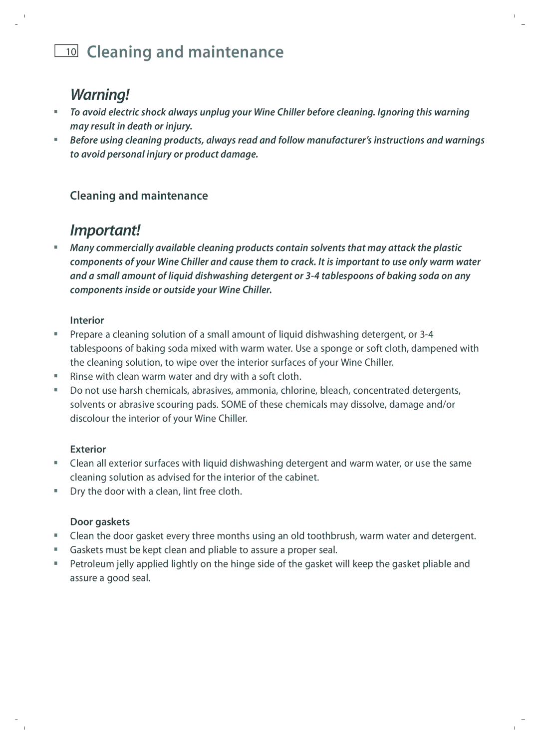 Fisher & Paykel RF51RCWX1 installation instructions Cleaning and maintenance, Interior, Exterior, Door gaskets 