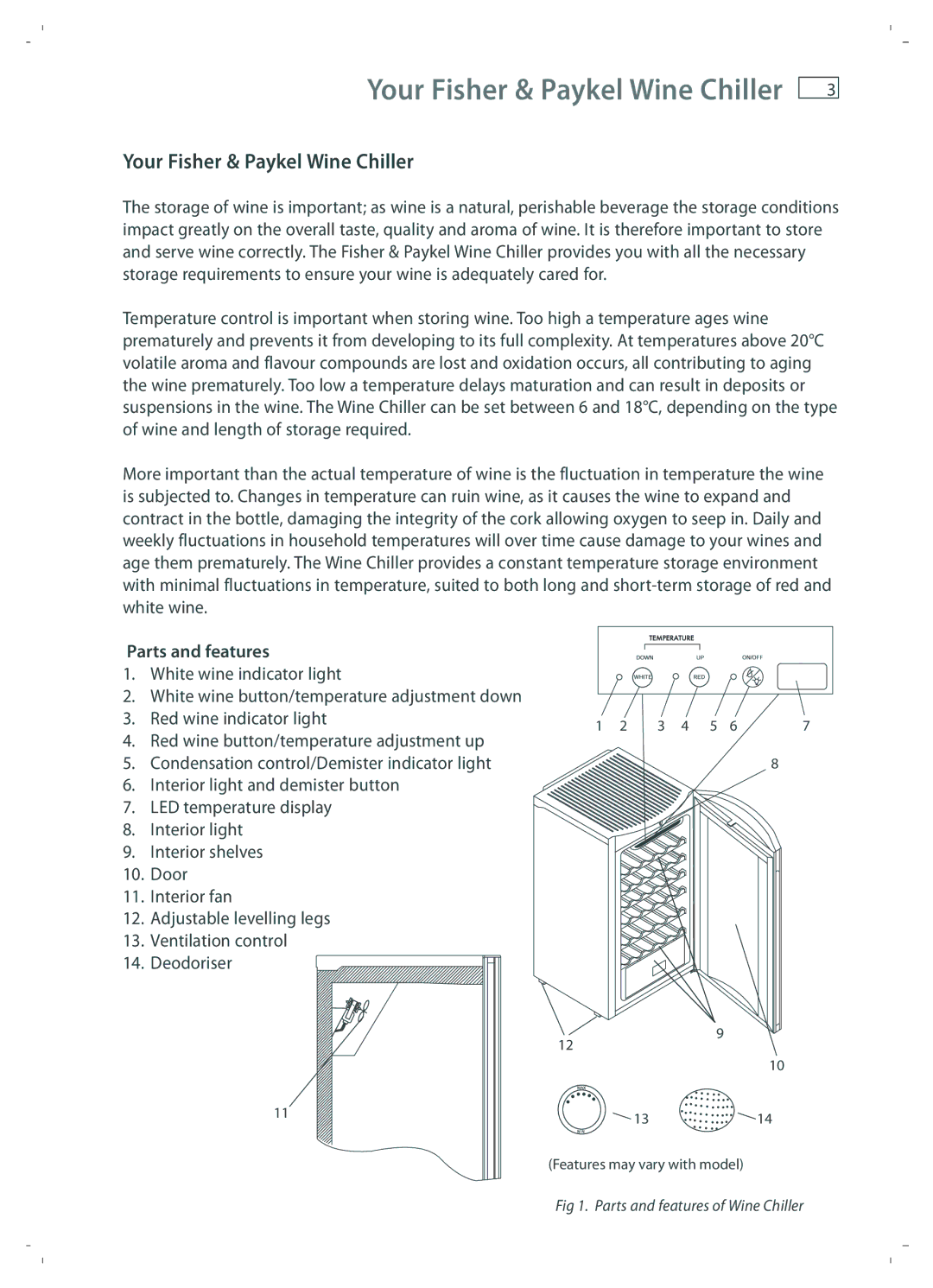 Fisher & Paykel RF51RCWX1 installation instructions Your Fisher & Paykel Wine Chiller, Parts and features 