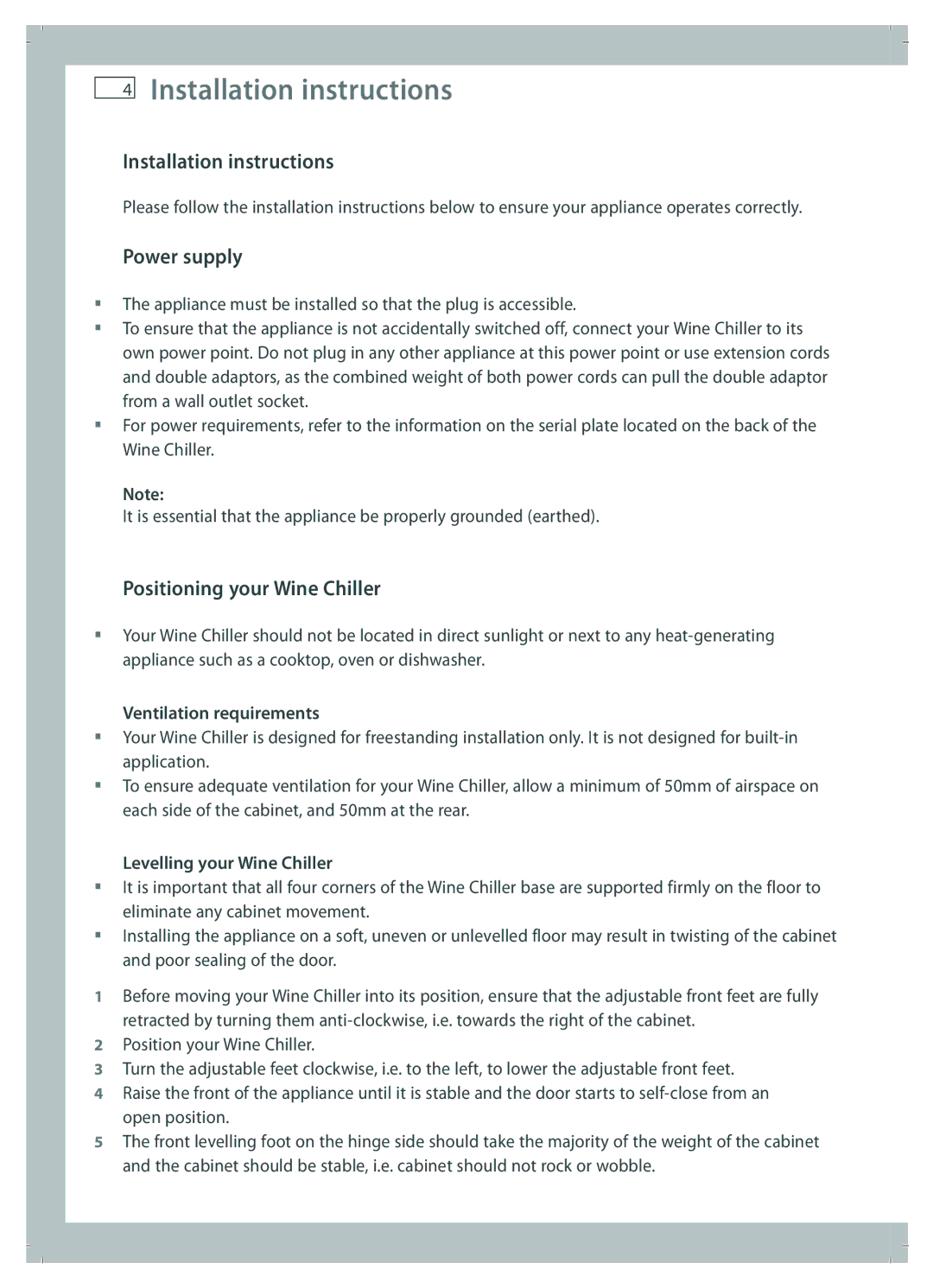 Fisher & Paykel RF51RCWX1 Installation instructions, Power supply, Positioning your Wine Chiller, Ventilation requirements 