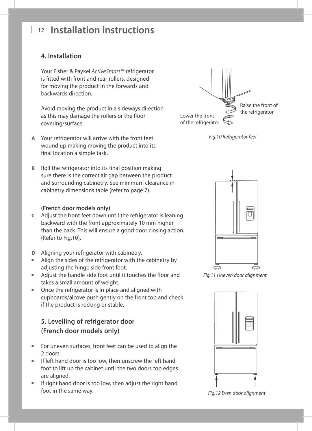 Fisher & Paykel RF522A, RF522W Installation, Levelling of refrigerator door French door models only 