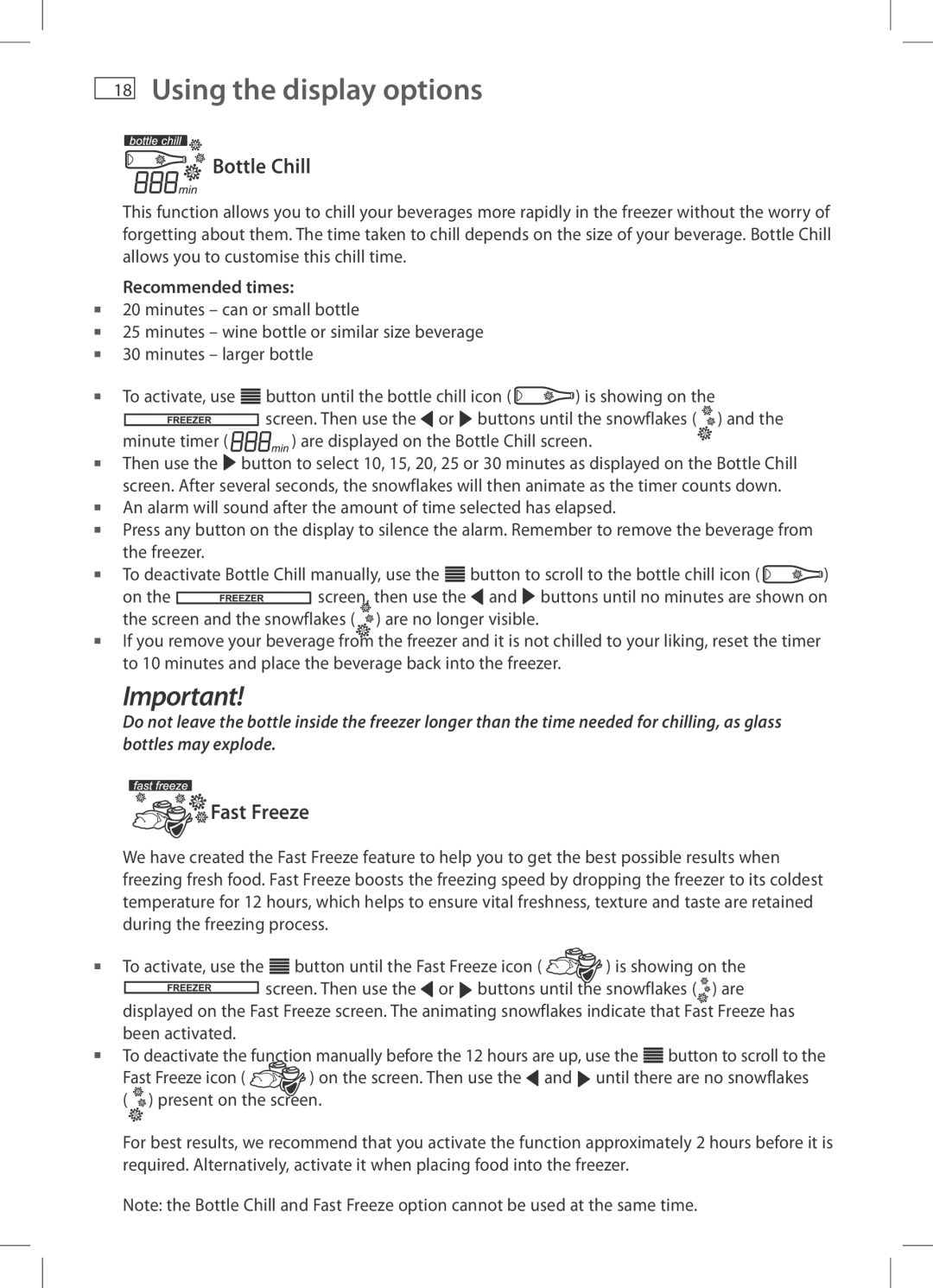 Fisher & Paykel RF522A, RF522W Using the display options, Bottle Chill, Fast Freeze, Recommended times 