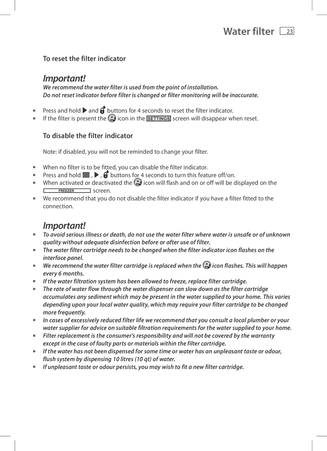 Fisher & Paykel RF522W, RF522A installation instructions To reset the filter indicator, To disable the filter indicator 