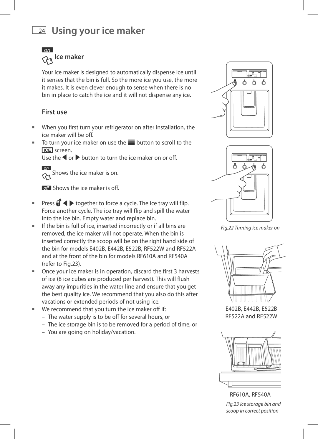 Fisher & Paykel RF522A, RF522W installation instructions Using your ice maker, Ice maker 