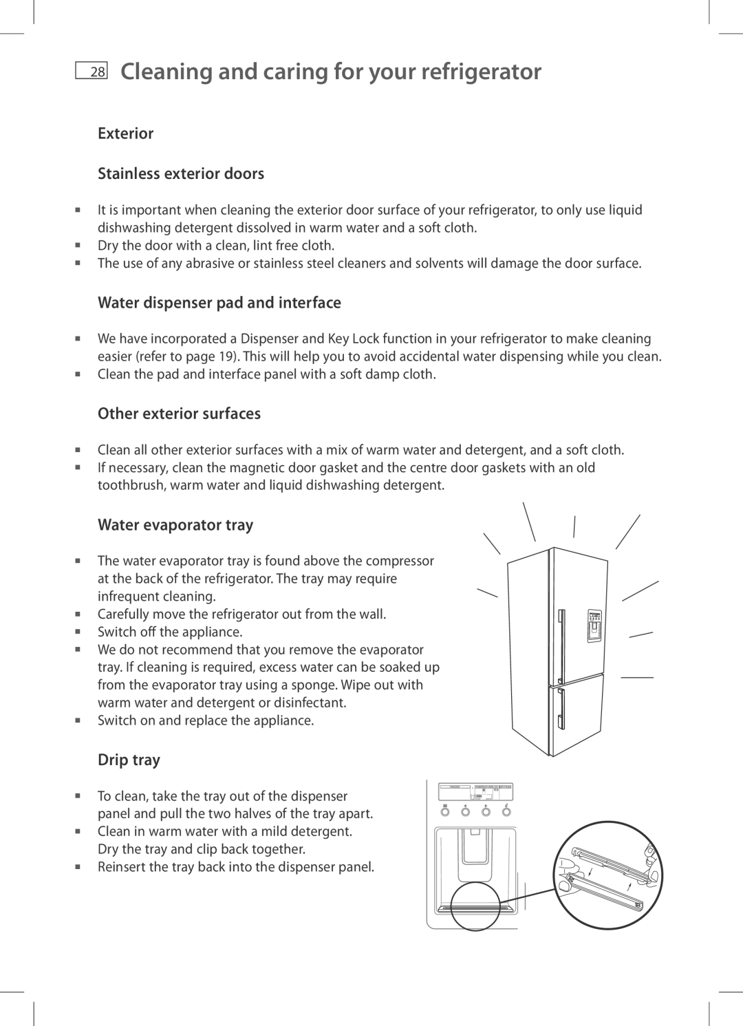 Fisher & Paykel RF522A Cleaning and caring for your refrigerator, Exterior Stainless exterior doors, Water evaporator tray 