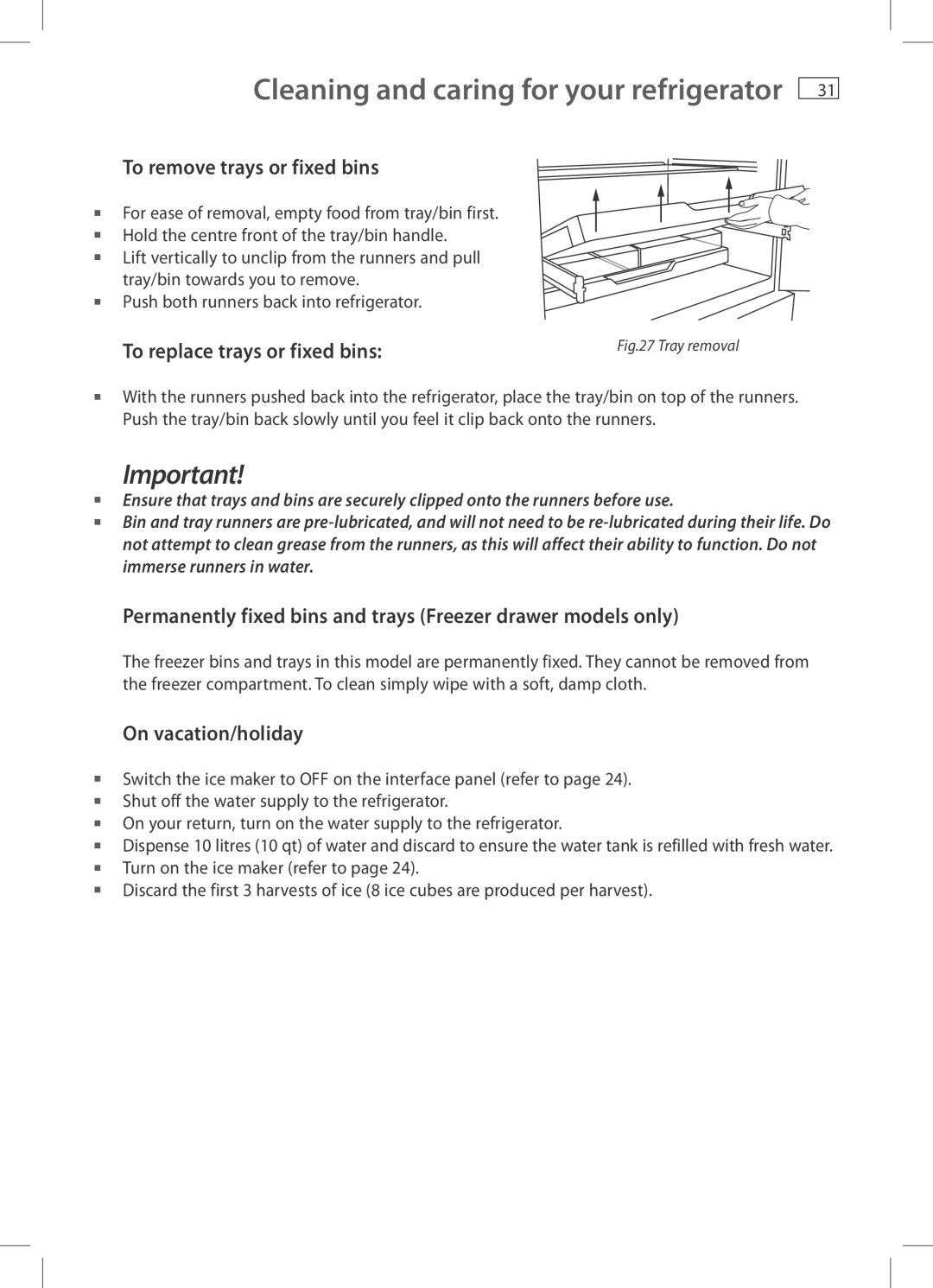 Fisher & Paykel RF522W, RF522A To remove trays or fixed bins, Permanently fixed bins and trays Freezer drawer models only 