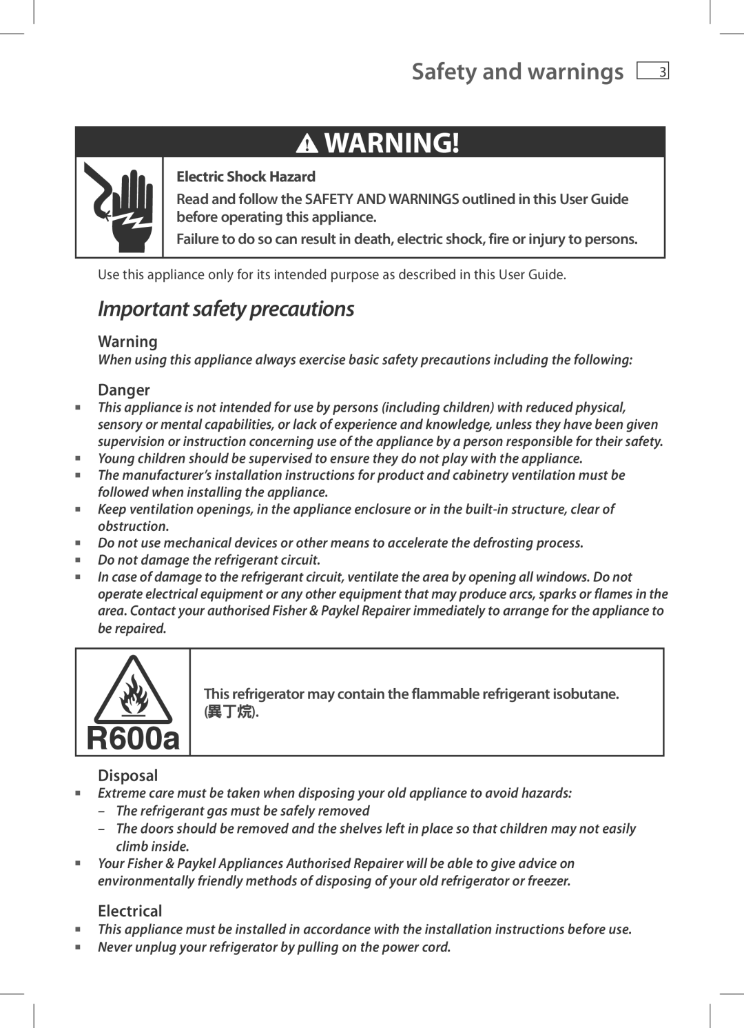 Fisher & Paykel RF522W, RF522A installation instructions Safety and warnings, Disposal, Electrical 