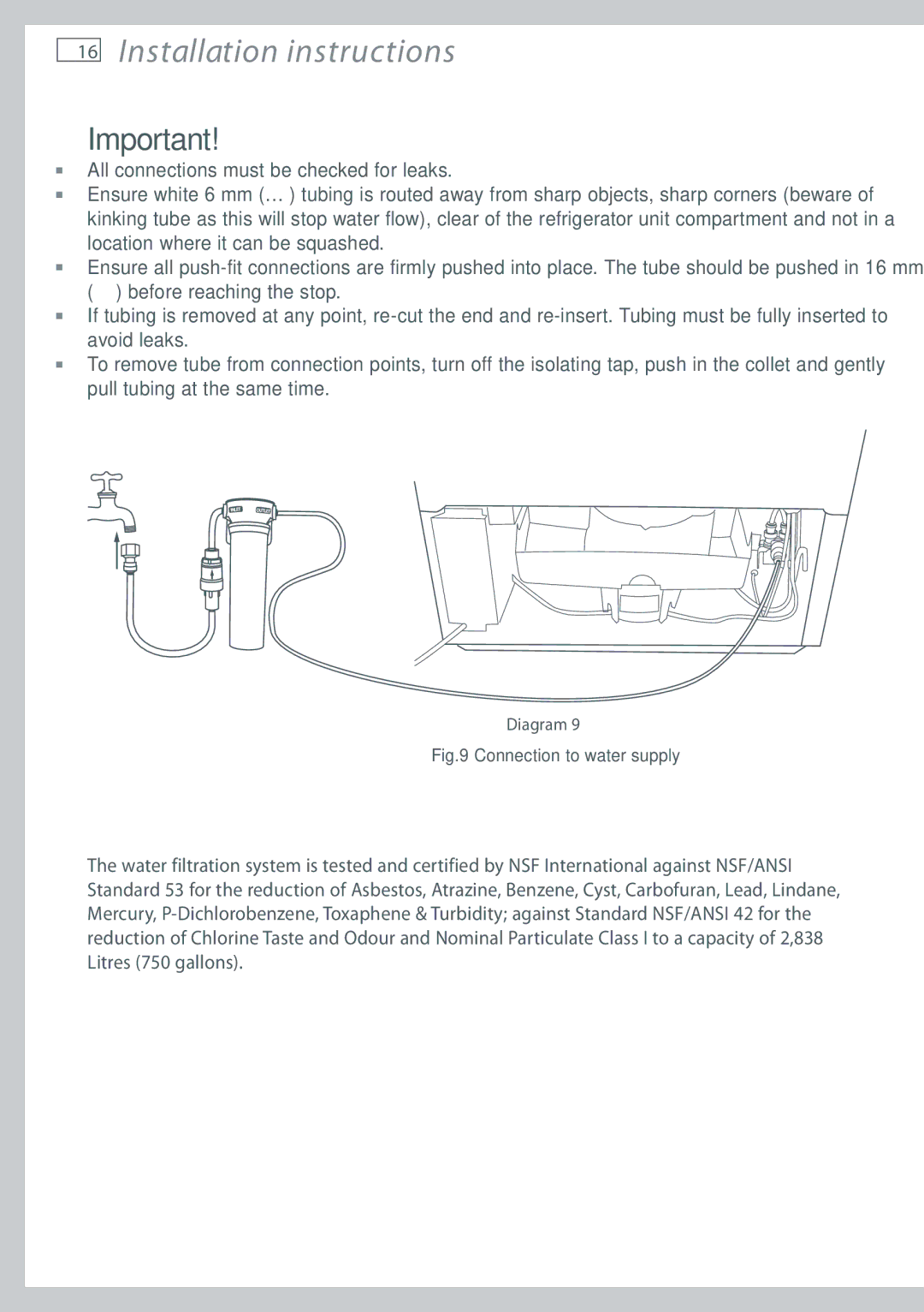 Fisher & Paykel RF522W, RF522A, RF610A, RF540A installation instructions Connection to water supply 