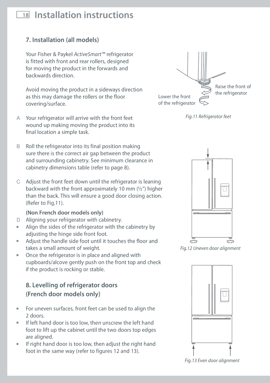 Fisher & Paykel RF522A, RF610A, RF522W, RF540A installation instructions Installation all models, Non French door models only 