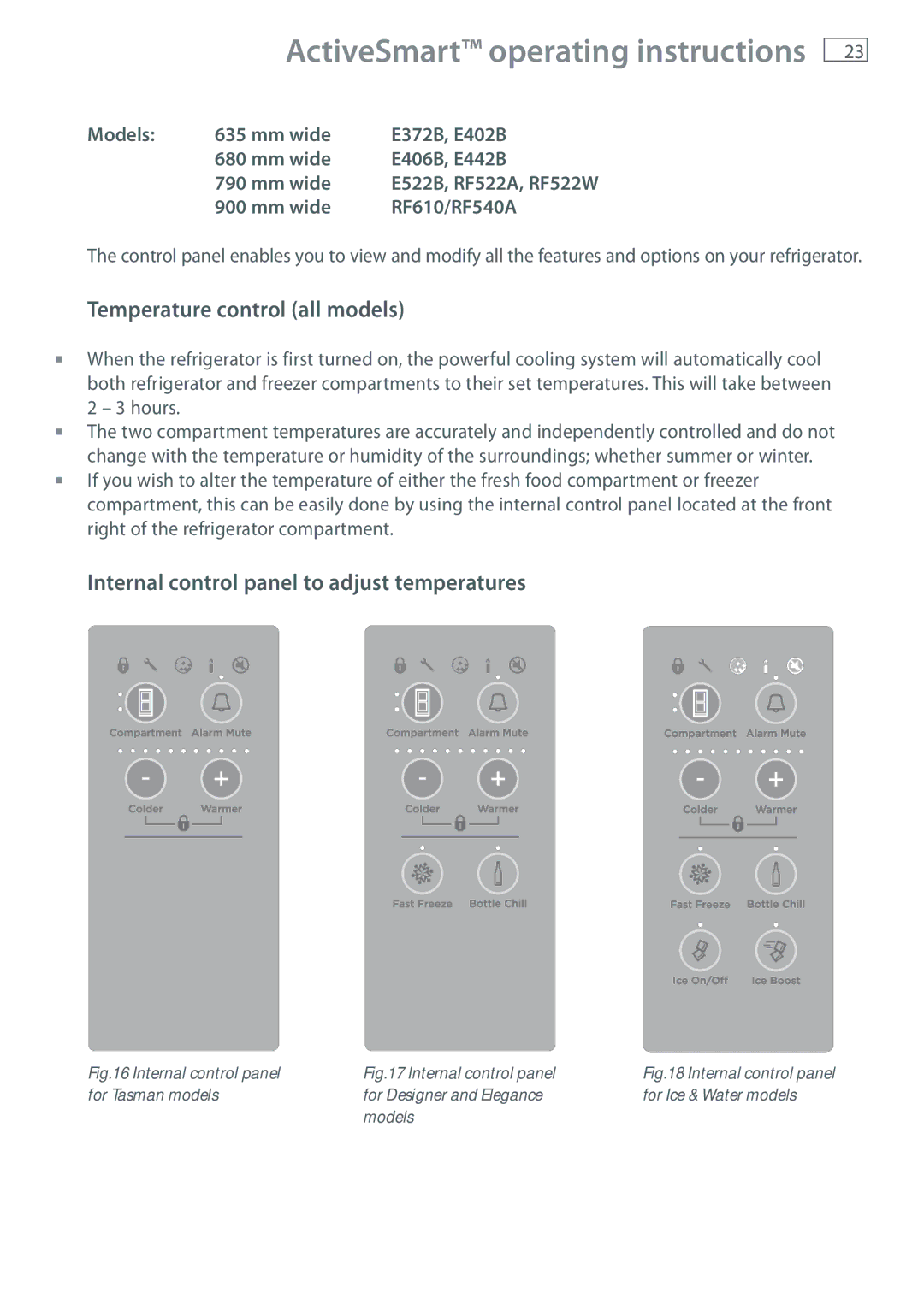 Fisher & Paykel RF610A Temperature control all models, Internal control panel to adjust temperatures, Mm wide RF610/RF540A 