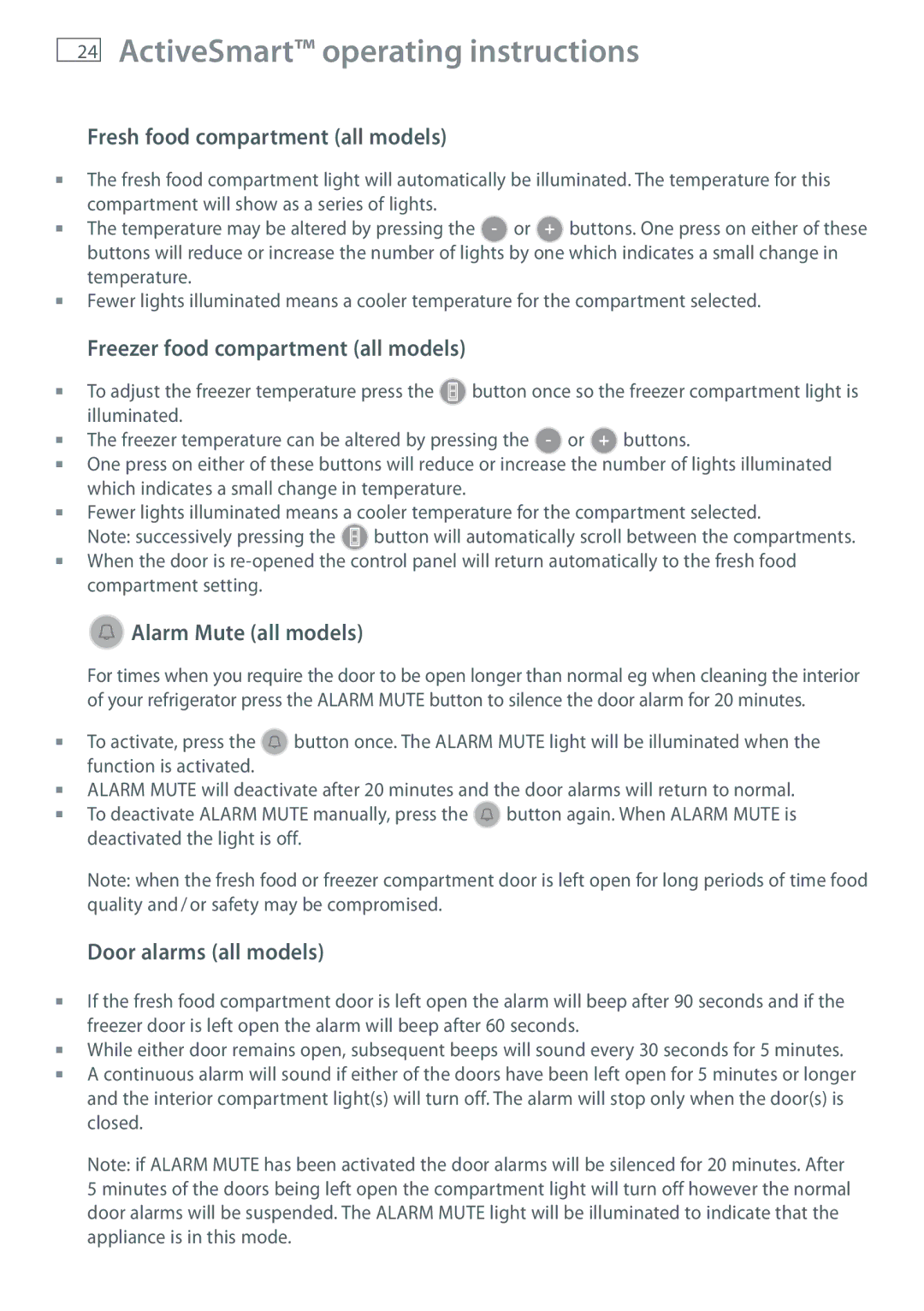 Fisher & Paykel RF522W ActiveSmart operating instructions, Fresh food compartment all models, Alarm Mute all models 