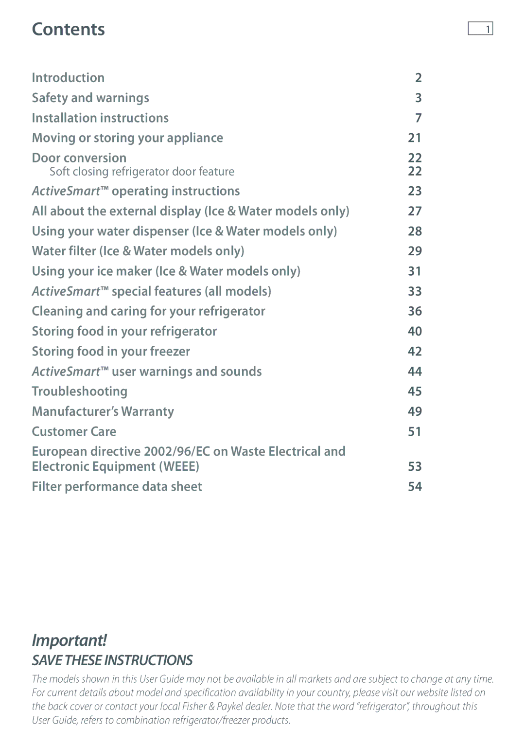 Fisher & Paykel RF540A, RF522A, RF610A, RF522W installation instructions Contents 