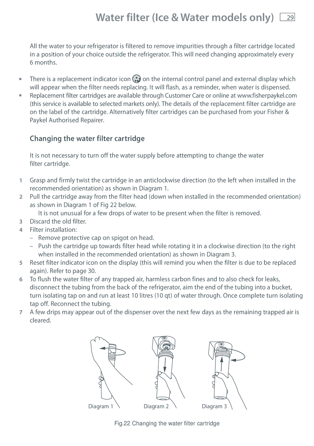 Fisher & Paykel RF540A, RF522A, RF610A, RF522W installation instructions Changing the water filter cartridge, Months 